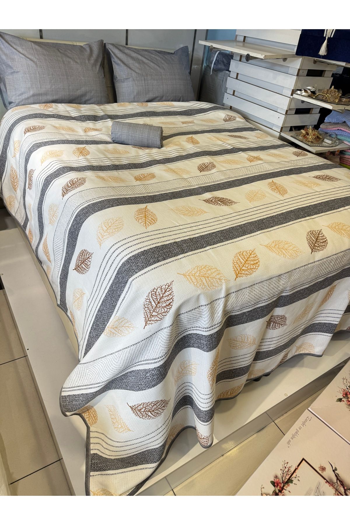 ŞENER HOME-Leaf Patterned Sheet Elastic Single Pique Set 8