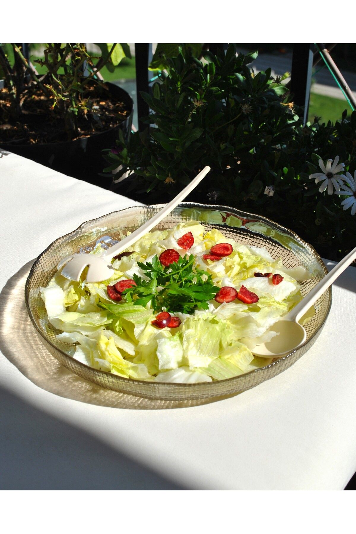 Qualitev El Yapımı Füme Cam Kaşıklı Salata Kasesi Sunum Tabağı Meyve Kase 28 Cm-Enzo 1 Adet