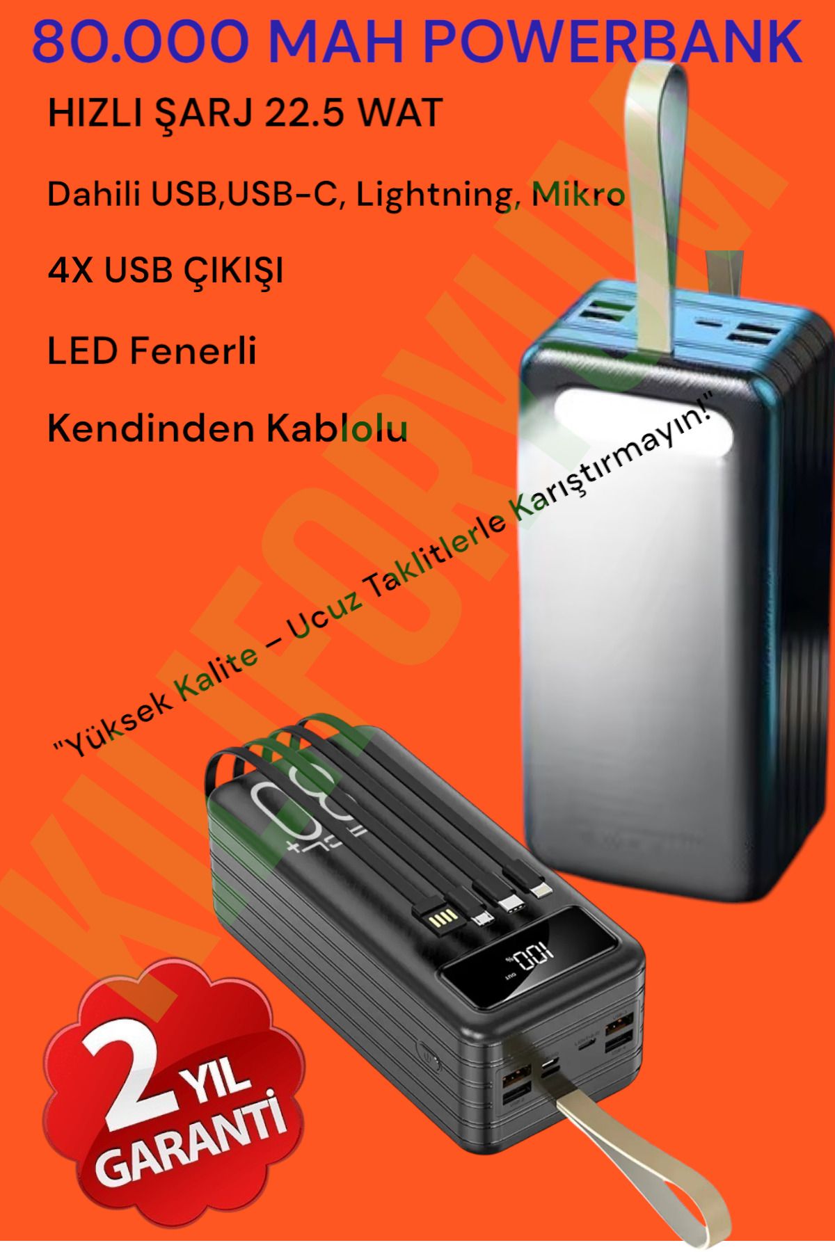 Kılıforyum 80000 mAh Powerbank Hızlı Şarj Dahili Kablolu 4 USB Girişli El Fenerli Taşınabilir Şarj Bataryası