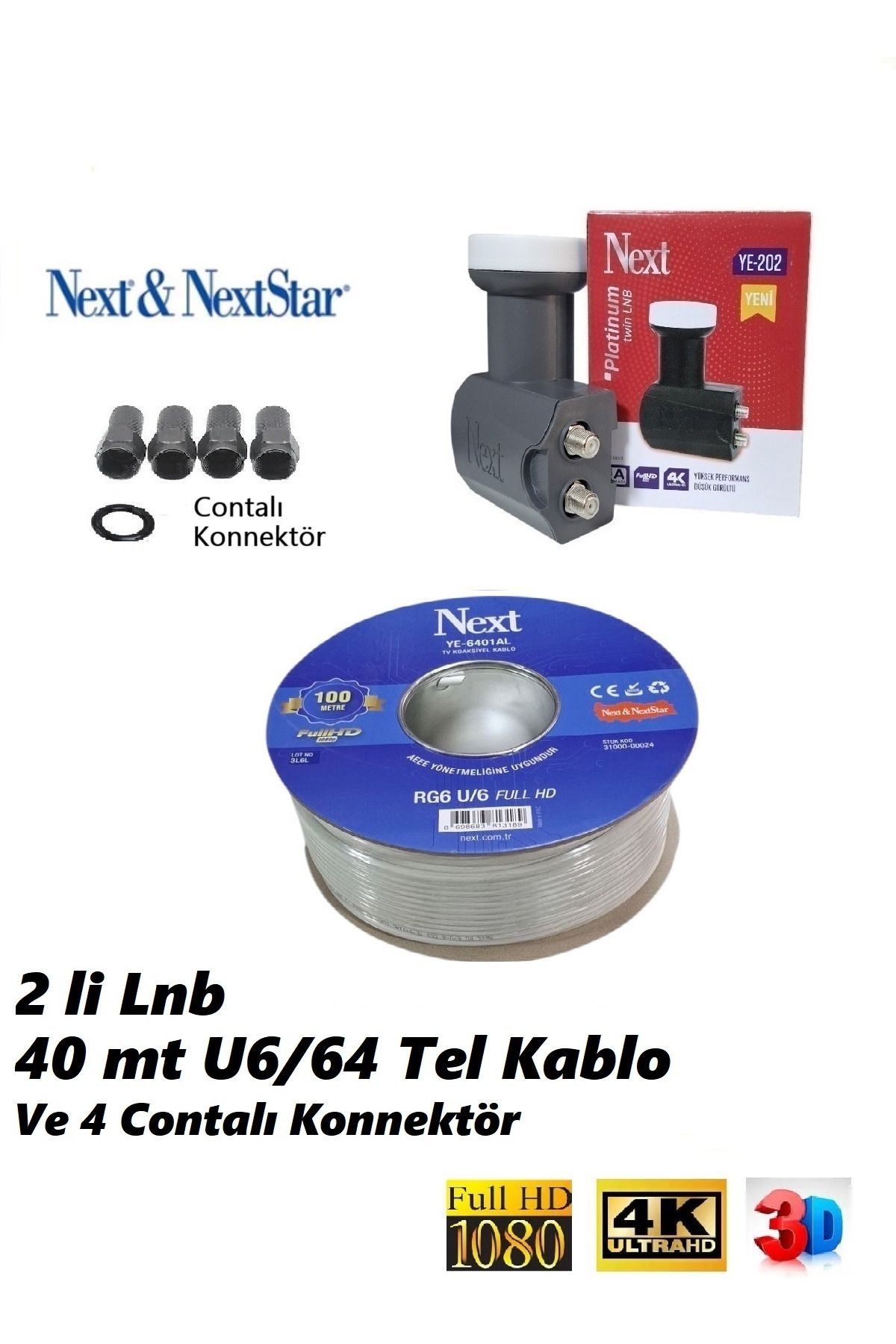 Vwin 40 Metre Anten Kablosu (Next) Full HD 3D 4K + 2'li Lnb YE 202 (Yeni Seri) + 4 Contalı Konnektör