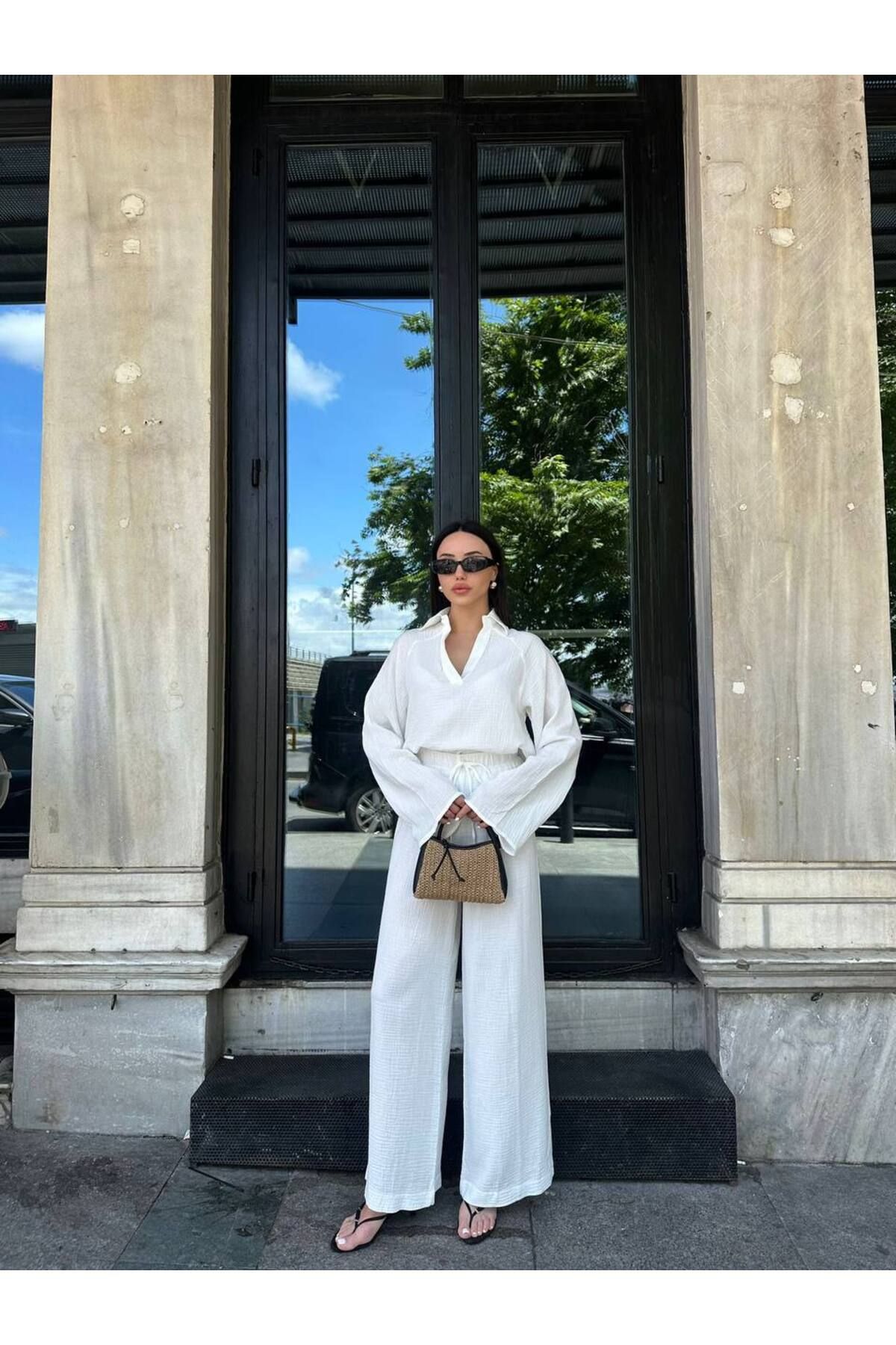 Hotfashion Polo Yaka İspanyol Kol Bluz Bağcıklı Pantolon Takım