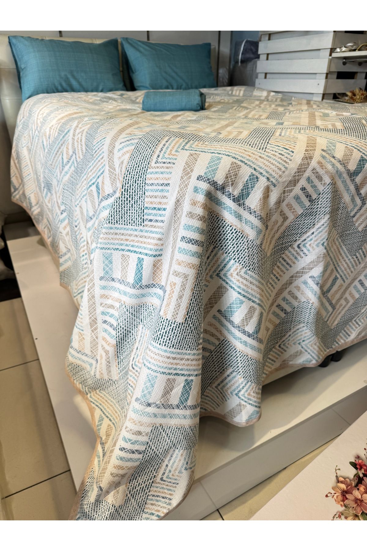 ŞENER HOME-Meander Patterned Sheet Elastic Single Pique Set 3