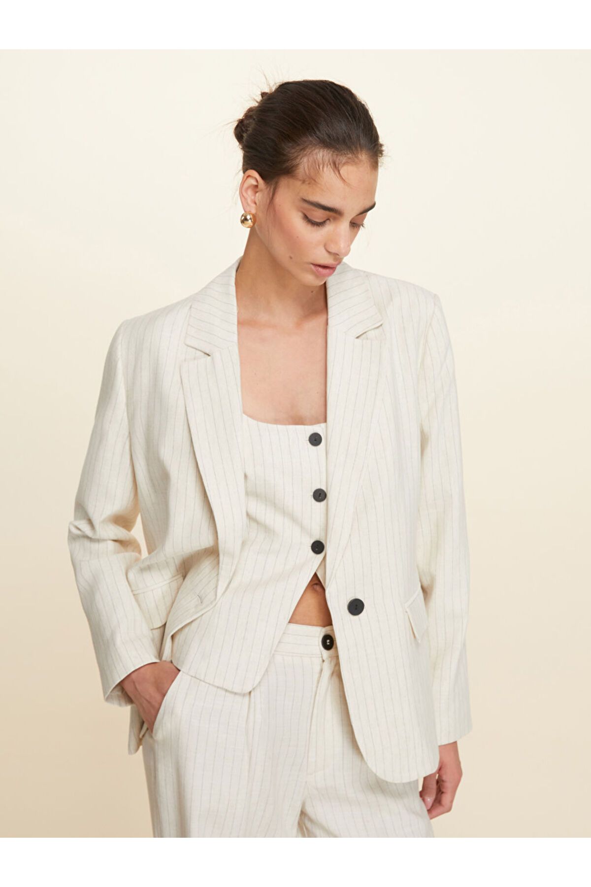 LC Waikiki LCW Vision Bej Çizgili Keten Karışımlı Kadın Blazer Ceket S5LR13Z8NVY25