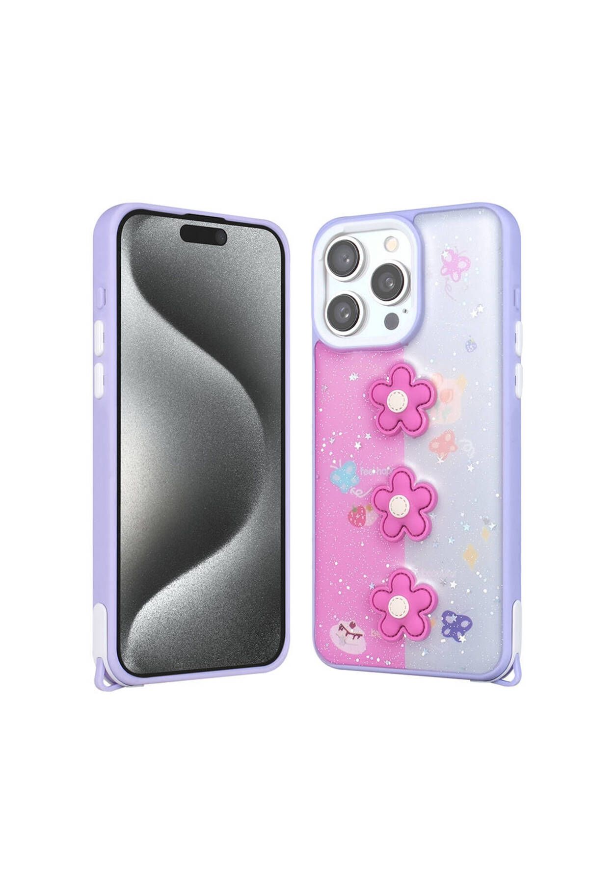 Başkenttekno iPhone 15 Pro Max Kılıf Parlayan Simli Kabartma Figürlü Cevze Kapak