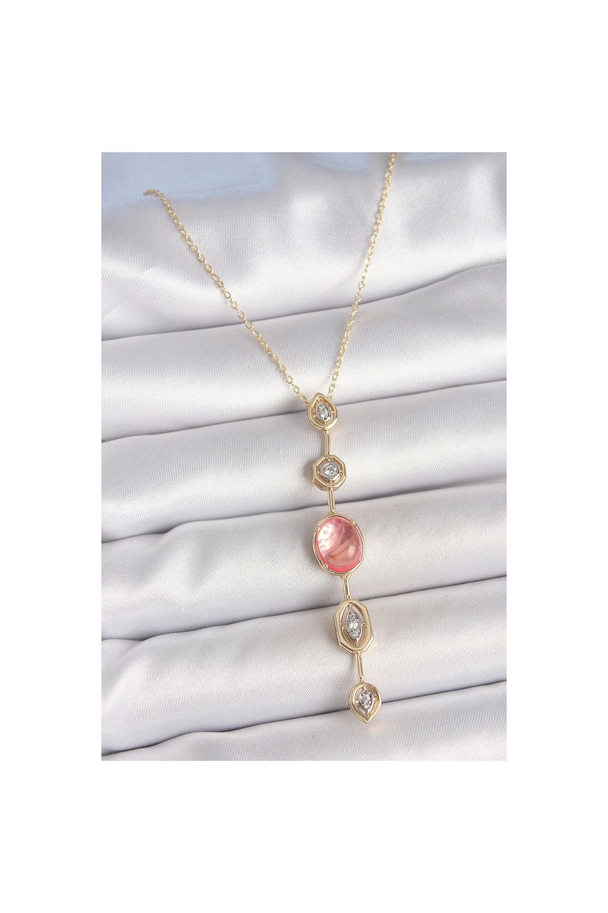 Marsilyan Pirinç Zincir Pembe Gold Renk Zirkon Taşlı Y Kolye - TJ-BKO10231