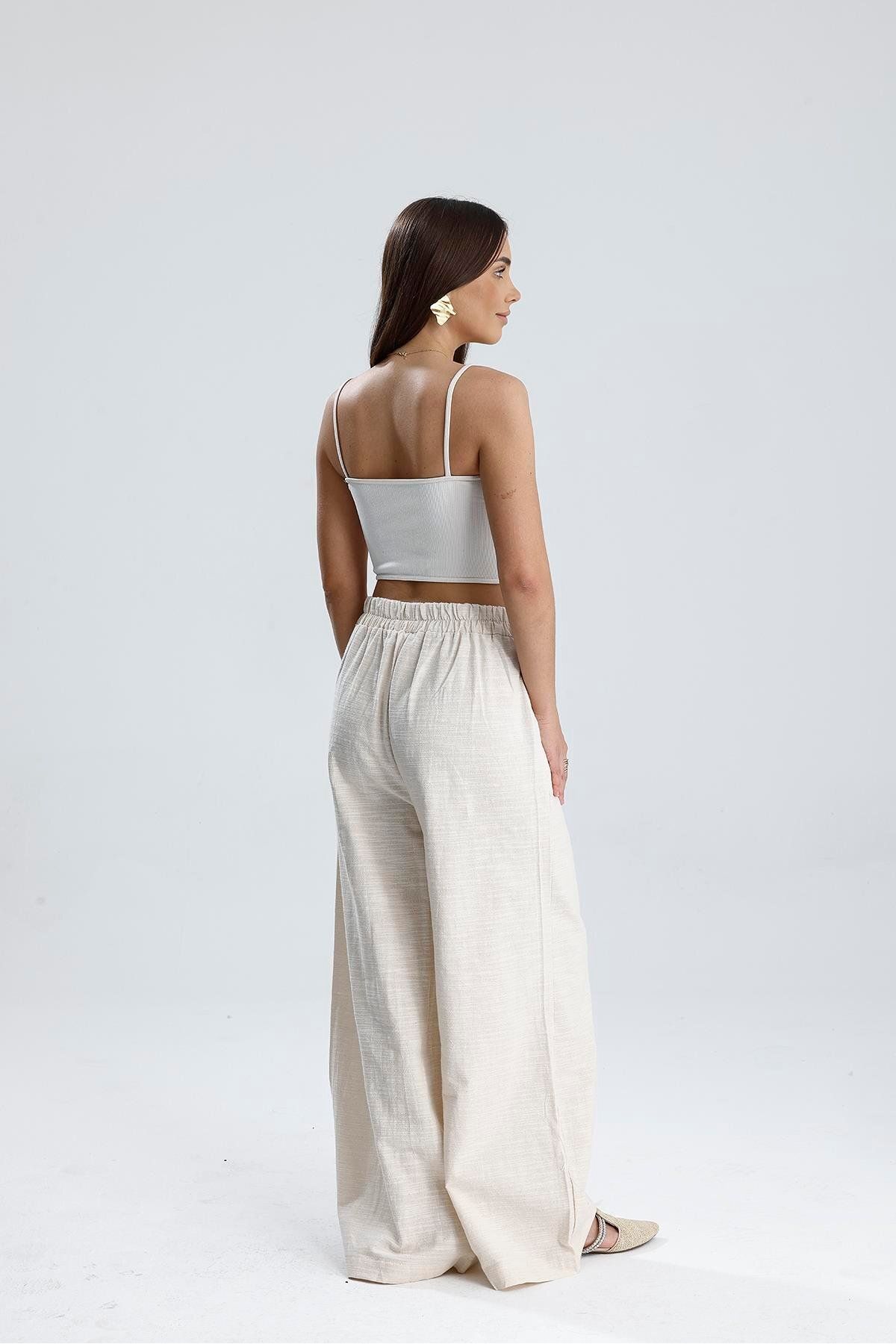 VAPUR TEKSTİL-Linen Trousers with Elastic Waist and Side Pockets 4