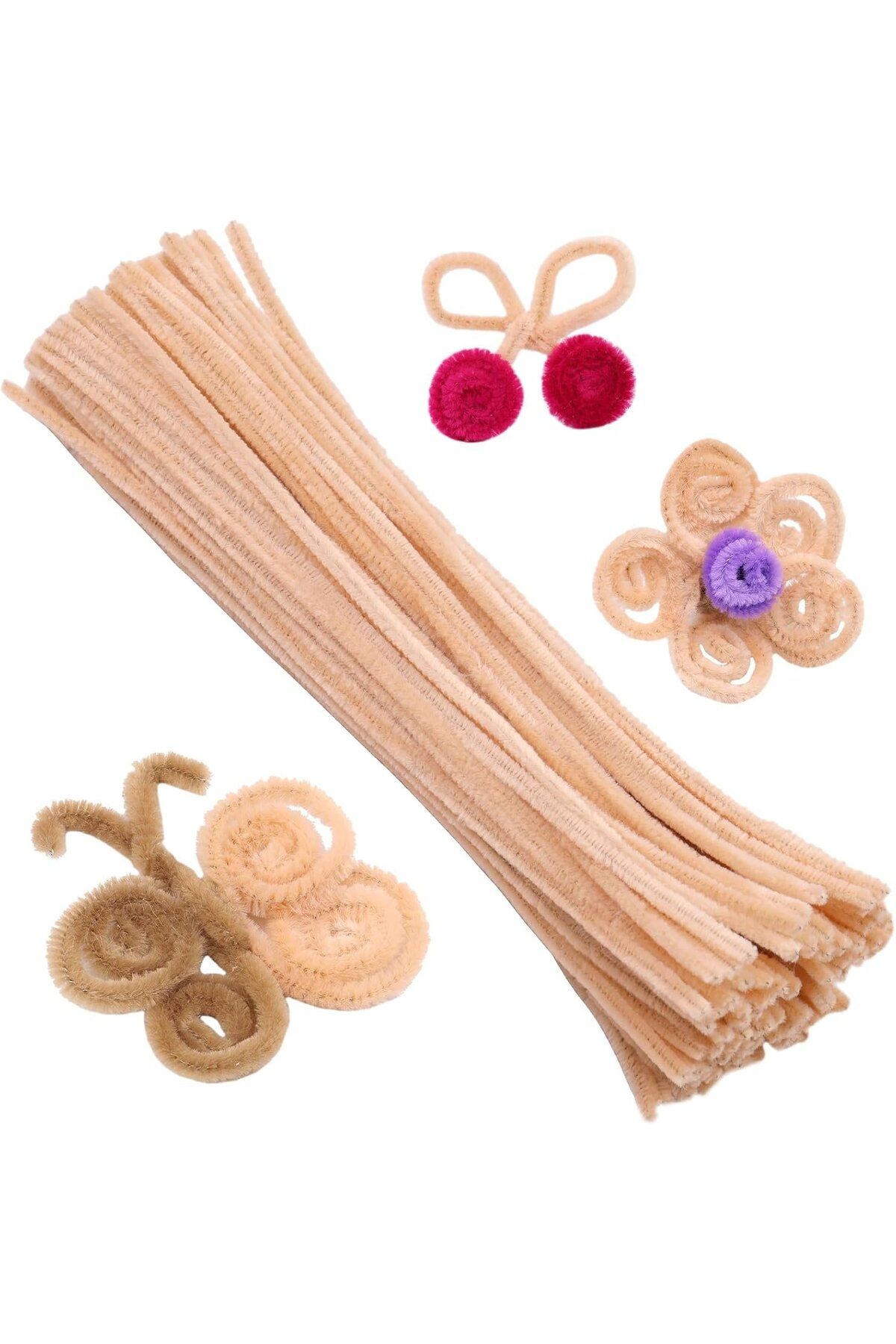 Hobialem 25 Adet Krem Renkli Şönil, Eğitici Şönil Seti, Tüylü Tel, 30 Cm, Peluş Tel