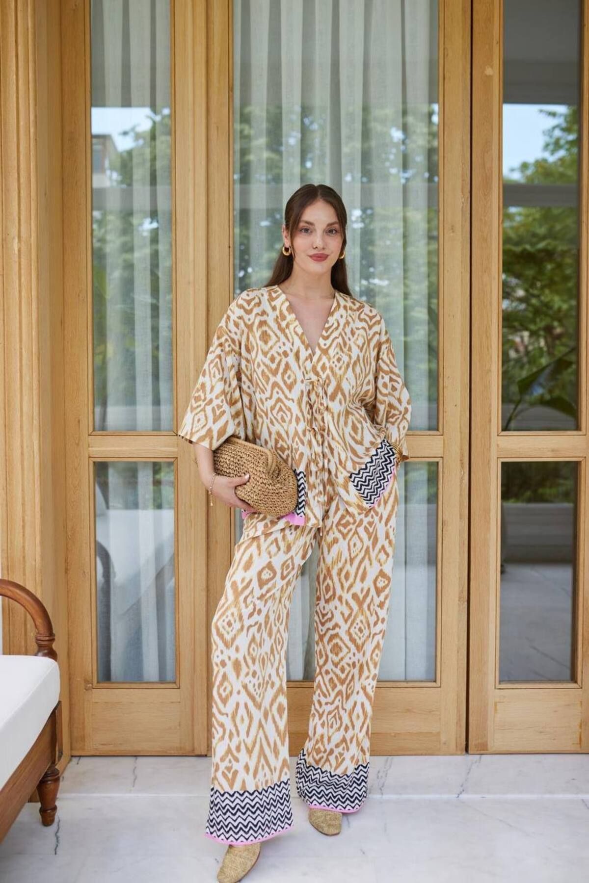 Hotfashion Desenli Bağlamalı Kimono Pantolon Takım