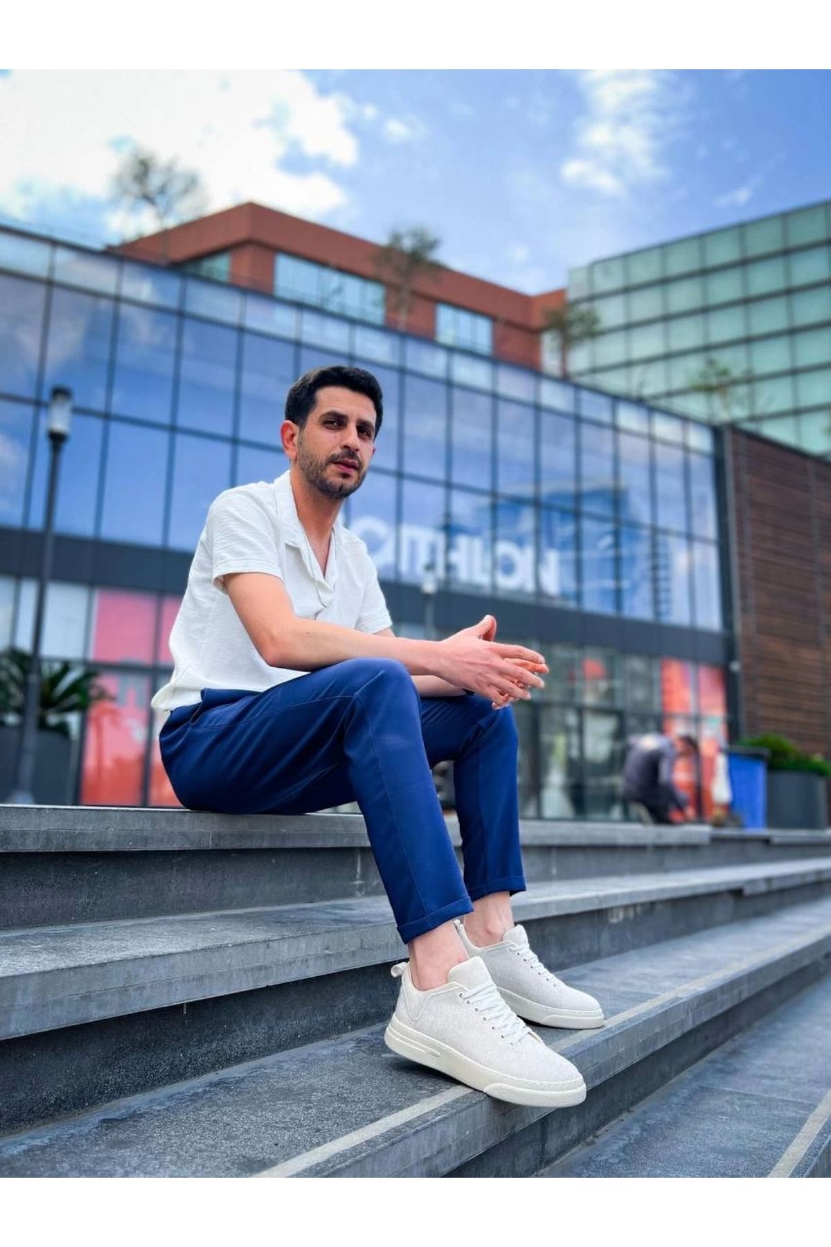 POLEXP Yüksek Tabanlı Bej Keten Spor Ayakkabı