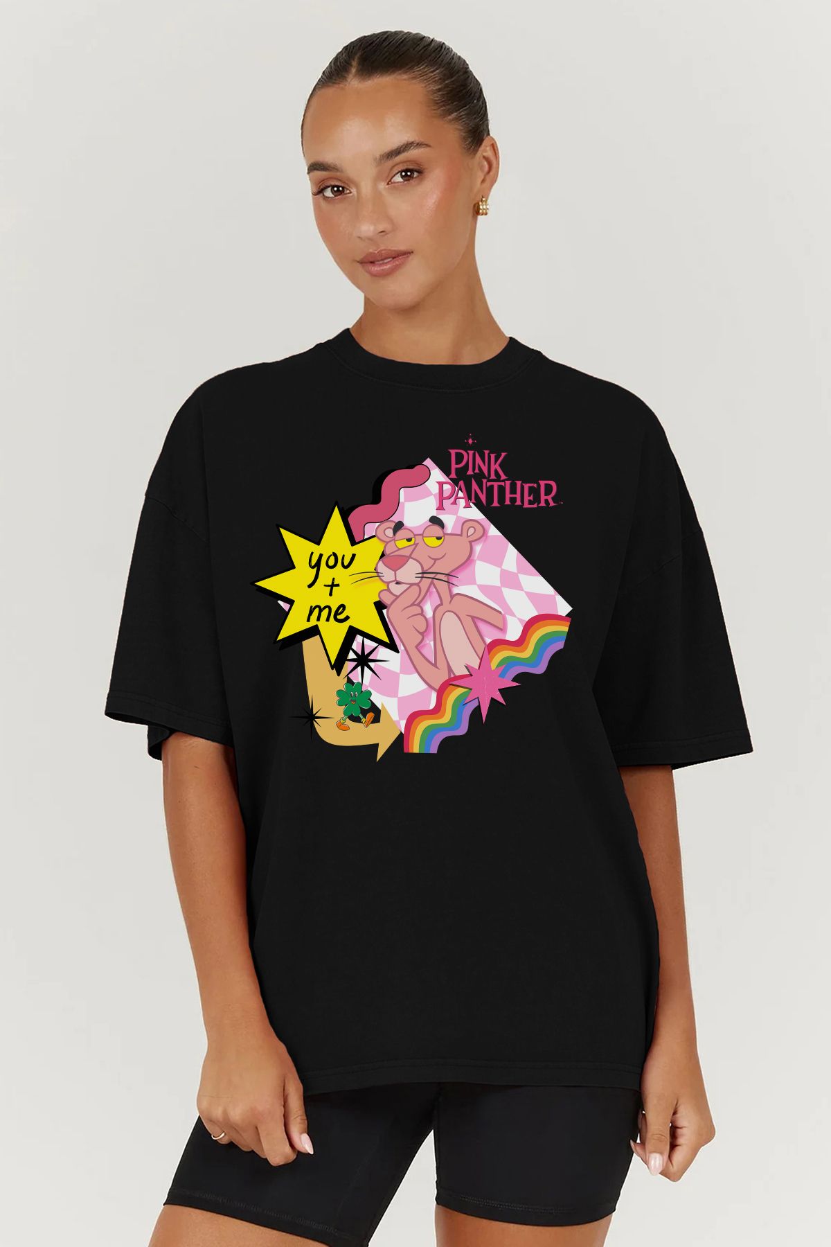 MODA Pembe Panter Pink Panther Baskılı Oversize Kalıp Siyah Geniş Bol Kesim Kadın Tişört