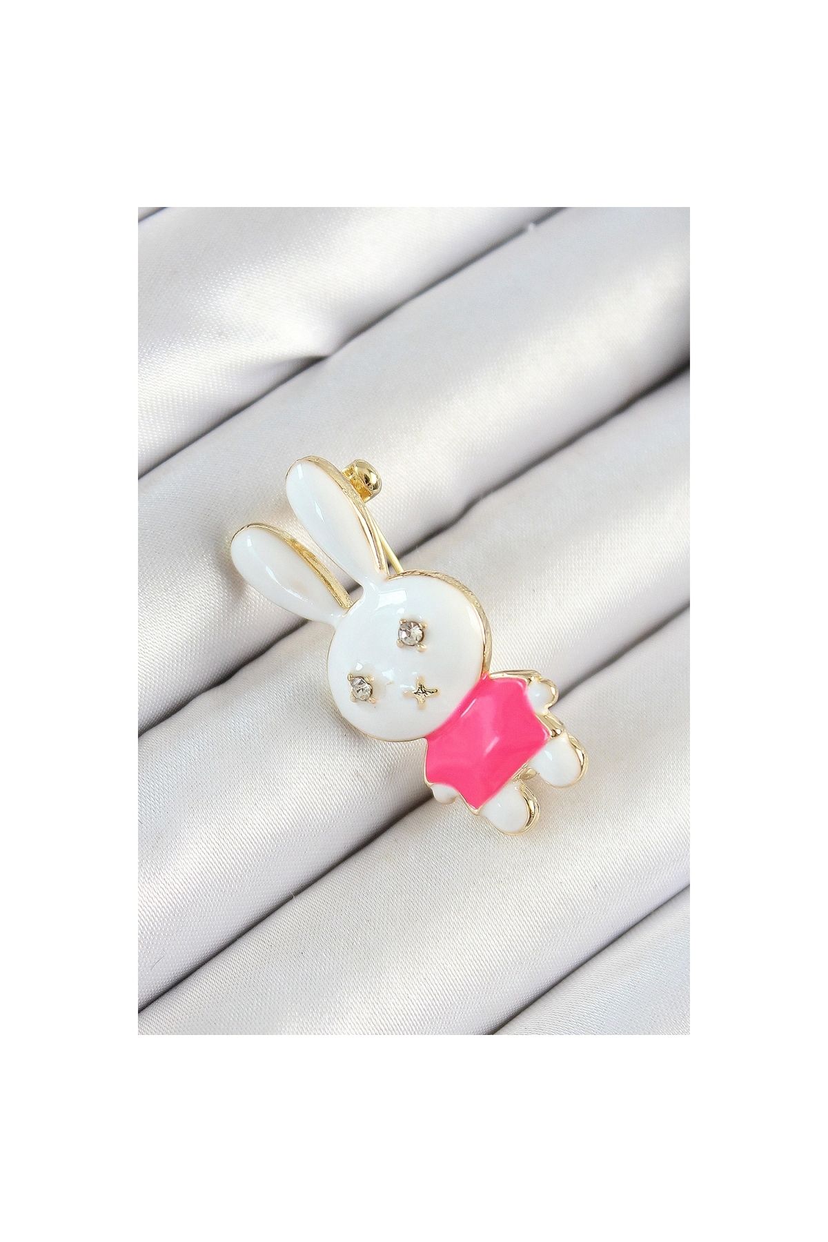 Marsilyan Zirkon Taş Detaylı Beyaz Ve Pembe 3D Tavşan Figürlü Kadın Broş - TJ-BR436