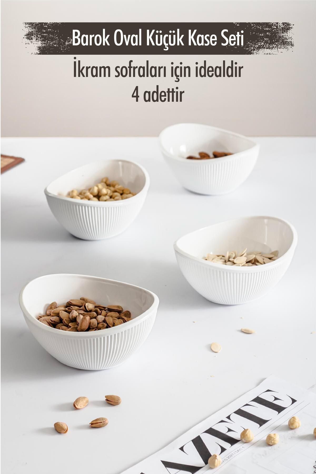 Mu Art Ahşap Akrilik Barok Beyaz Oval 4'Lü Küçük Kase Seti & Çerezlik & Sunumluk & İkramlık (Cam Değildir)