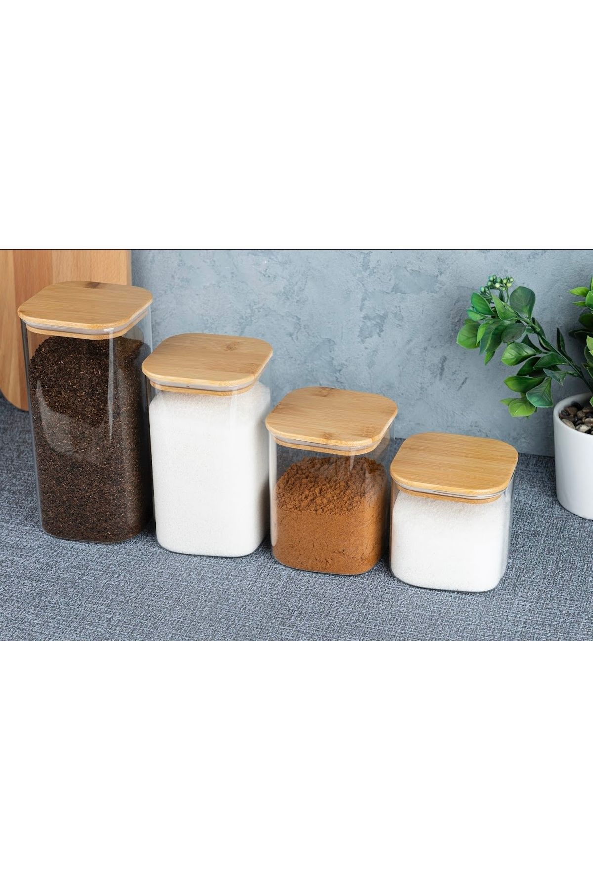 Kitchen Pembelia 4 lü Bambu Vakum Kapaklı Borosilikat Cam Kare Çay Şeker Tuz Kahve Bakliyat Erzak Kavanoz Seti