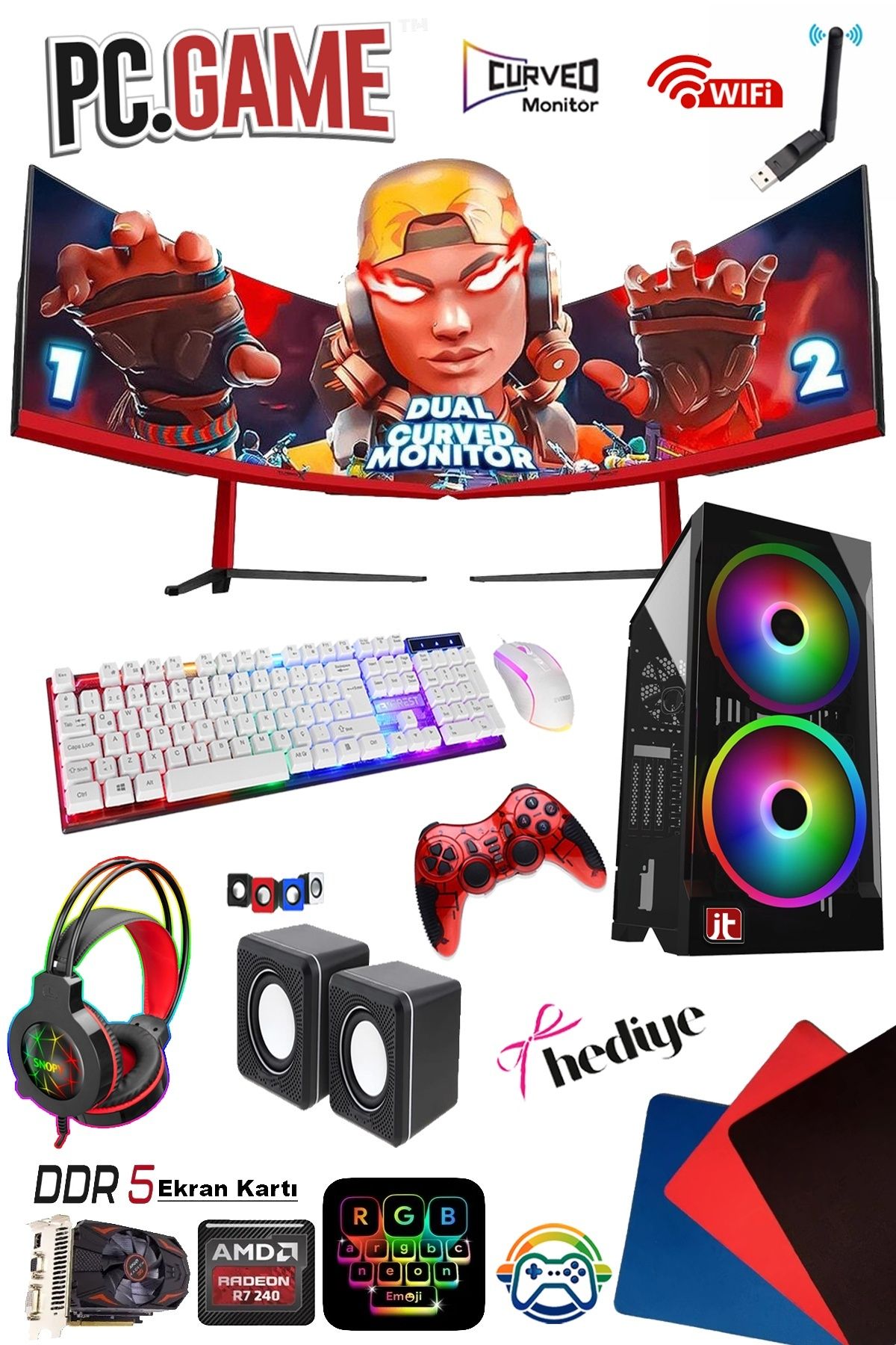 J-TECH Dual i5-2300 3.10GHz 16GB RAM 256GB SSD 4GB DDR5 R7 EKRAN KARTI 24" Çift Curved Gaming PC