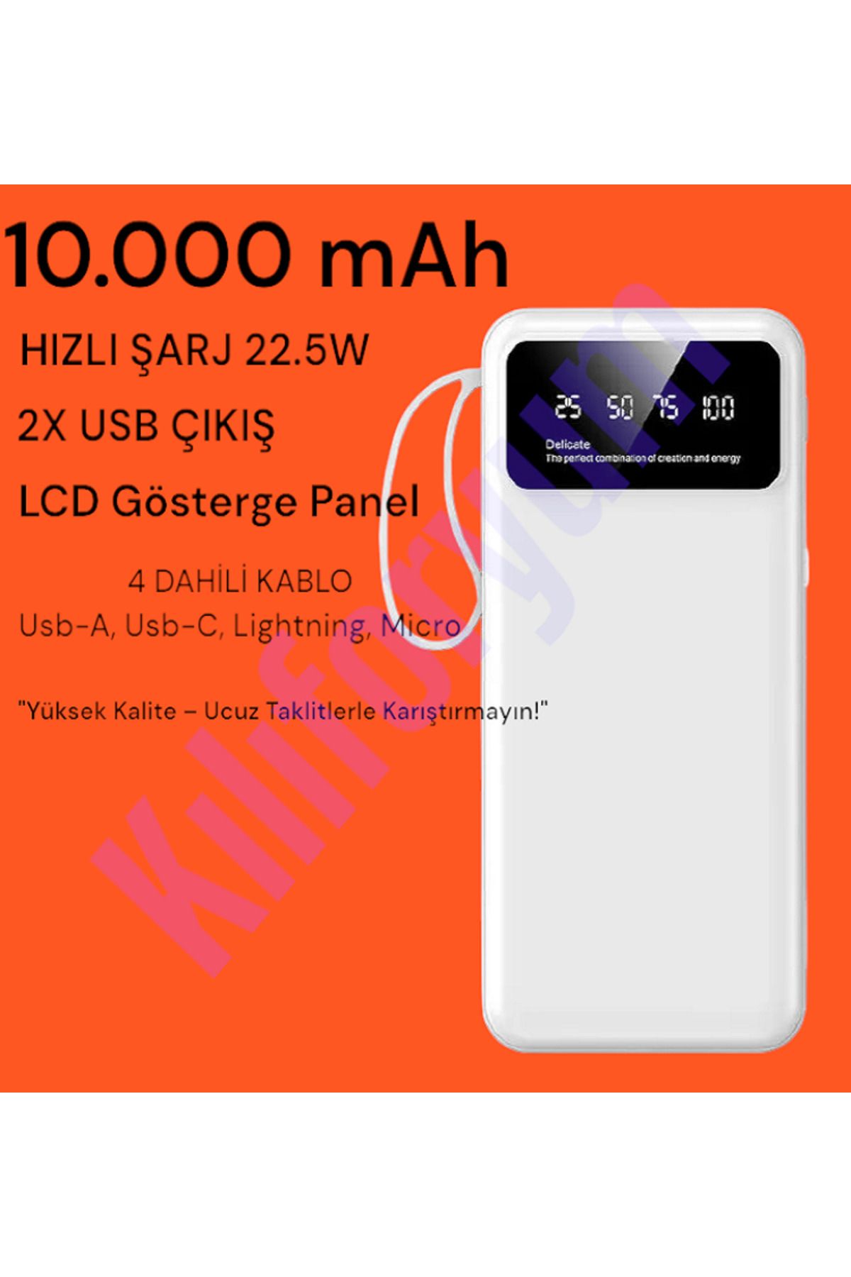 Kılıforyum 10.000 mAh Powerbank Hızlı Şarj 4x Dahili Kablolu 2x USB Taşınabilir Şarj Bataryası