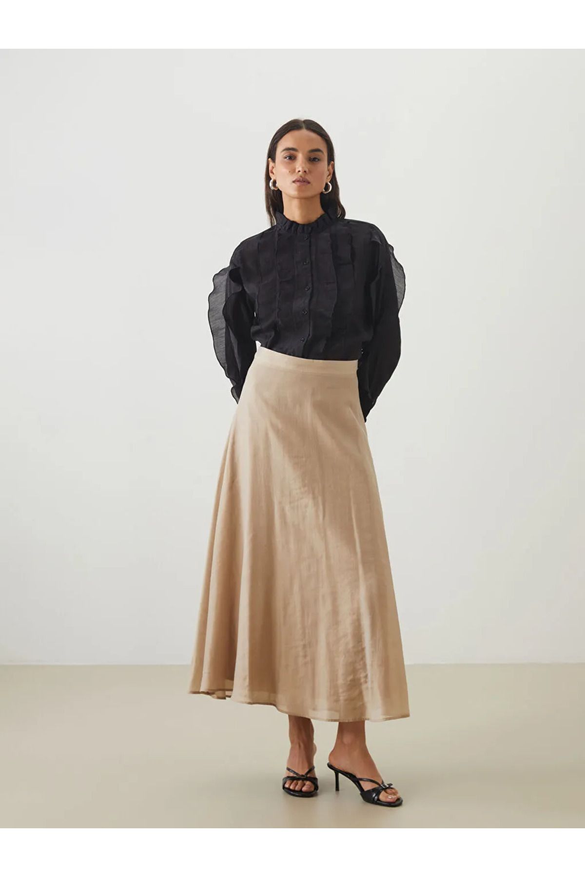LC Waikiki LCW Modest Bej Beli Lastikli Kloş Etek