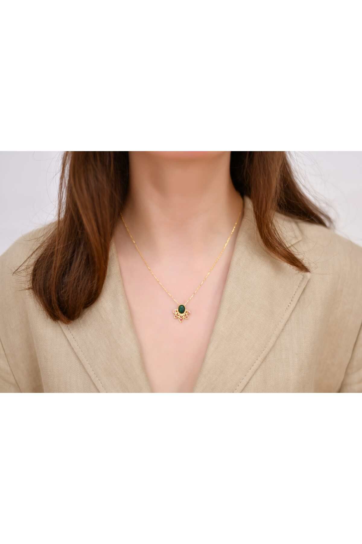 Ocean Silver & Jewelry Malahit Taşlı Lotus Gümüş Kolye
