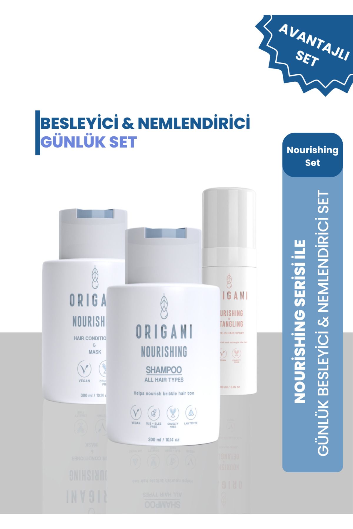 Origani Nourishing Saç Bakım Seti – Besleyici Şampuan + 2’si 1 Arada Maske & Saç Kremi + Detangling Sprey