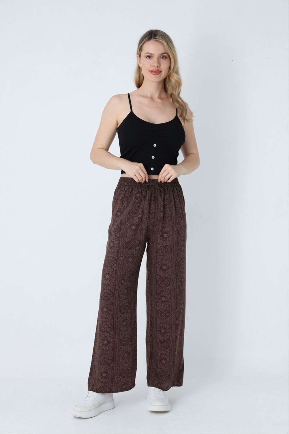 PİJART Kahverengi şal desenli viskon dokuma geniş paça pijama altı