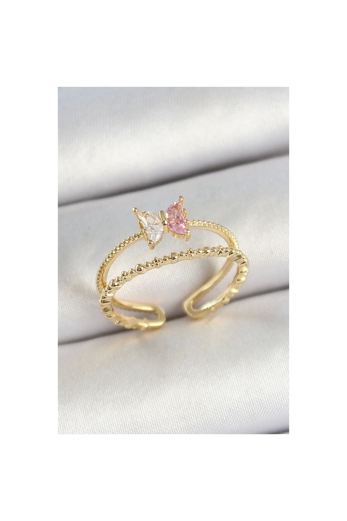 Marsilyan Pirinç Kelebek Figürlü Zirkon Taşlı Gold Renk Ayarlanabilir Kadın Yüzük - TJ-BYK3766