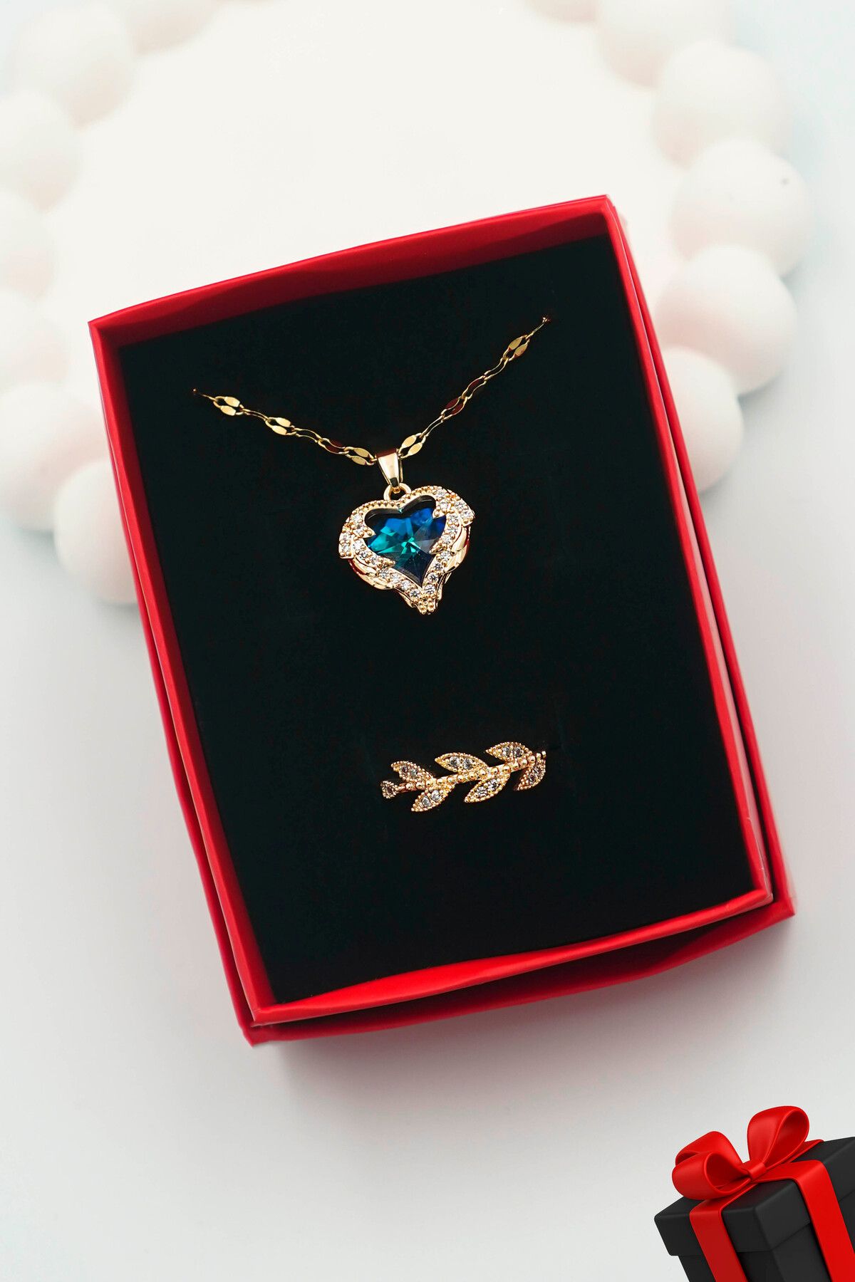 TREND COLLECTİON Kadın Paslanmaz Çelik Gold Zirkon Taşlı Kolye Ve Yüzük Set (Kutulu)