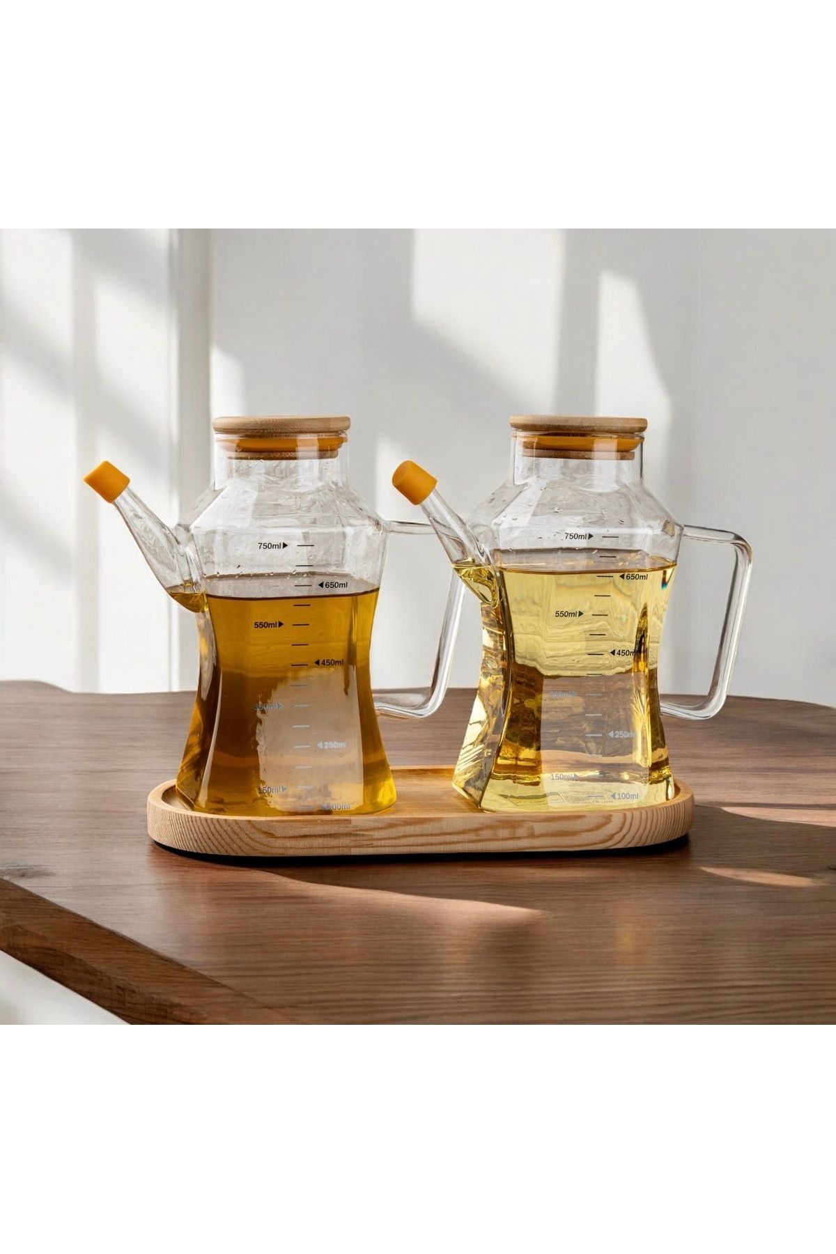 Pembelia Life Bambu Standlı 750 ml Bambu Kapaklı Cam Yağdanlık Seti 3’lü Yağdanlık Takımı