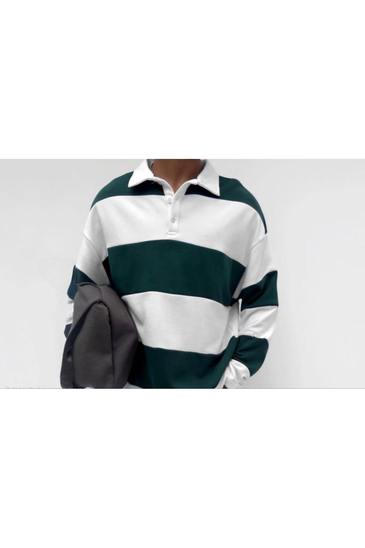 Butik Unisex Üç İplik Parçalı Yakalı SweatShirt - Yeşil