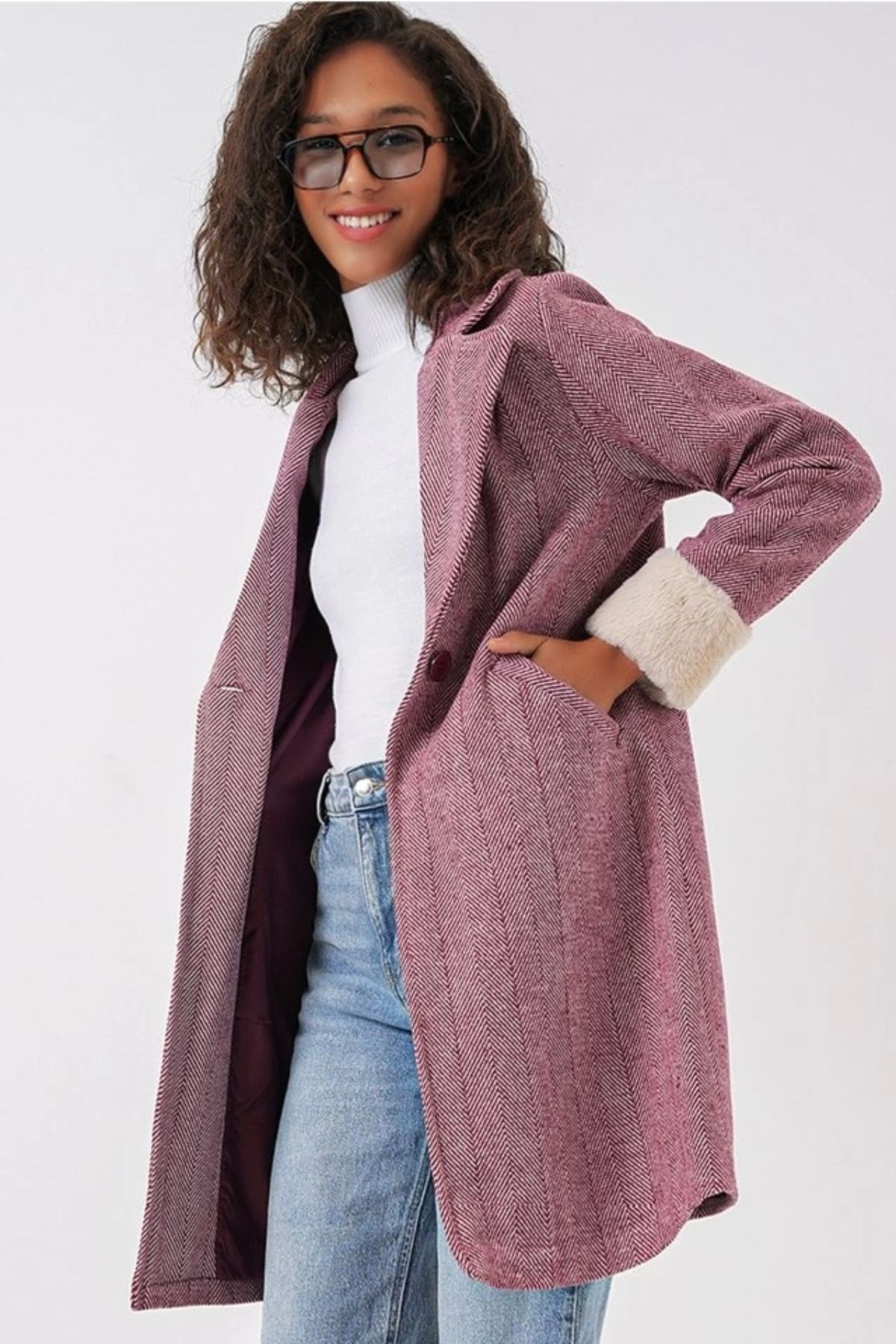 Butik 9085 Balık Sırtı Kaşe Kaban - Y.Bordo
