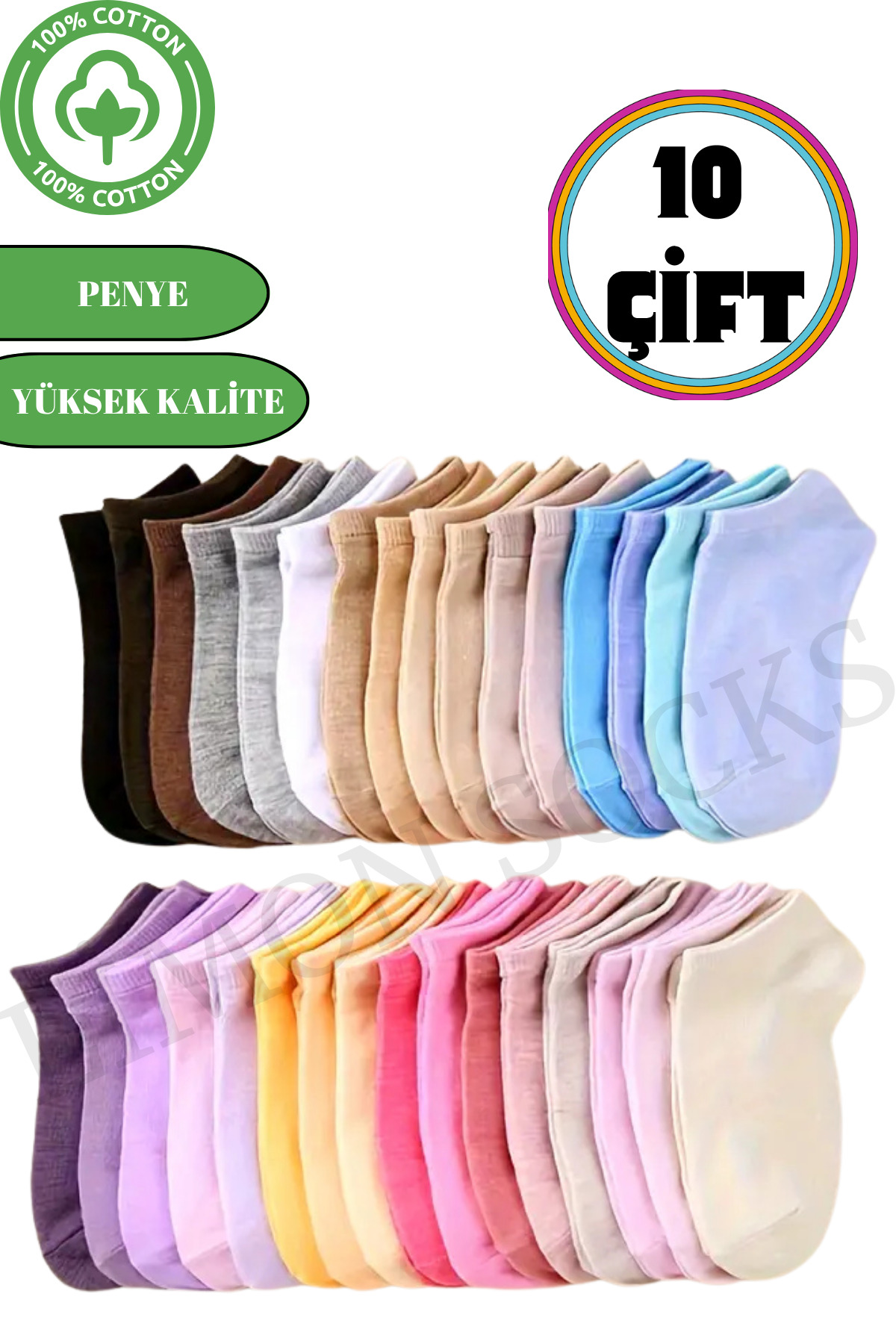 10 Çift Pamuklu Penye Likralı Erkek Kadın Patik Çorap — görsel 3