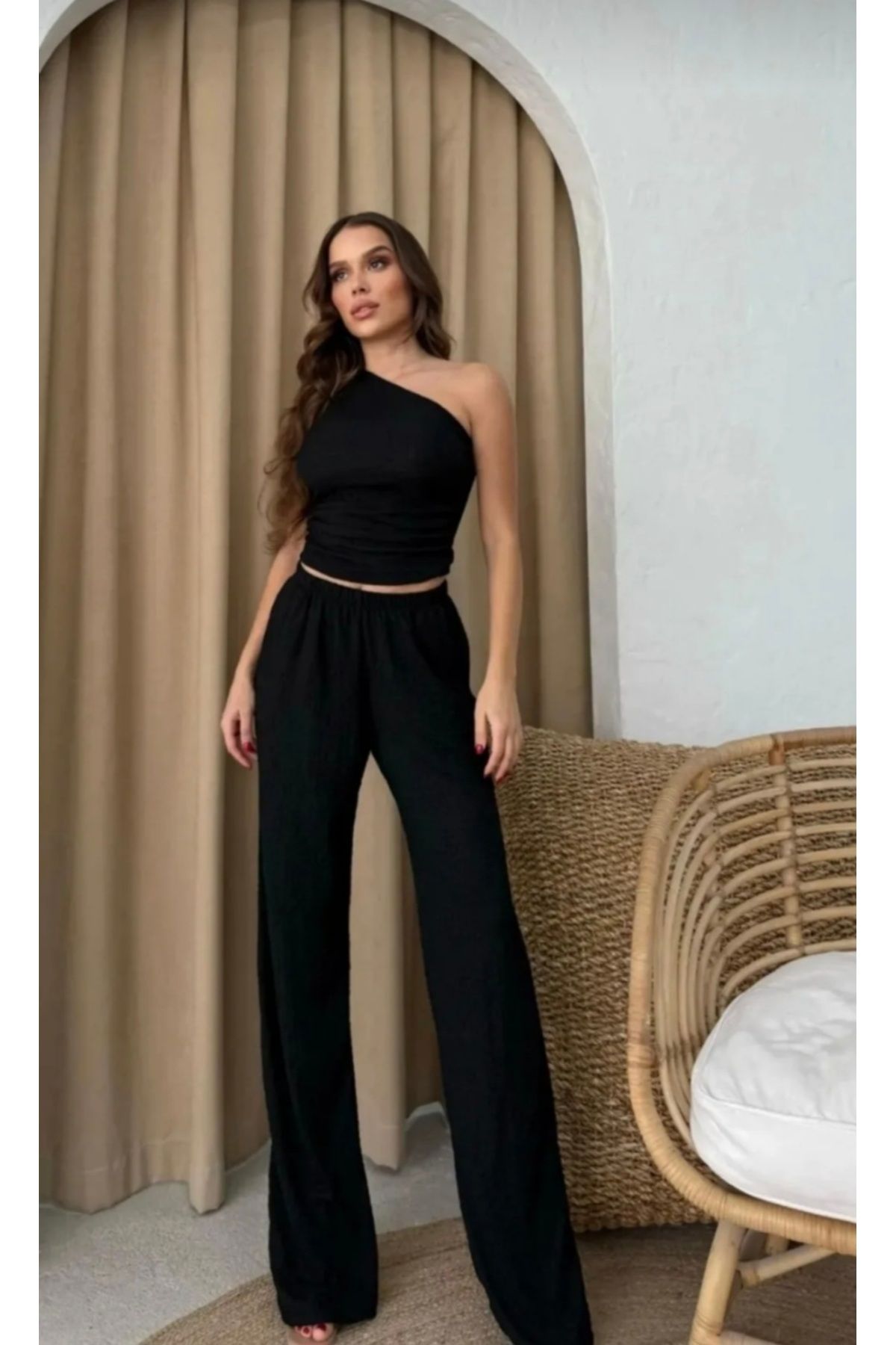 MODA Asil siyah tek omuz gofre buble kumaş alt üst takım