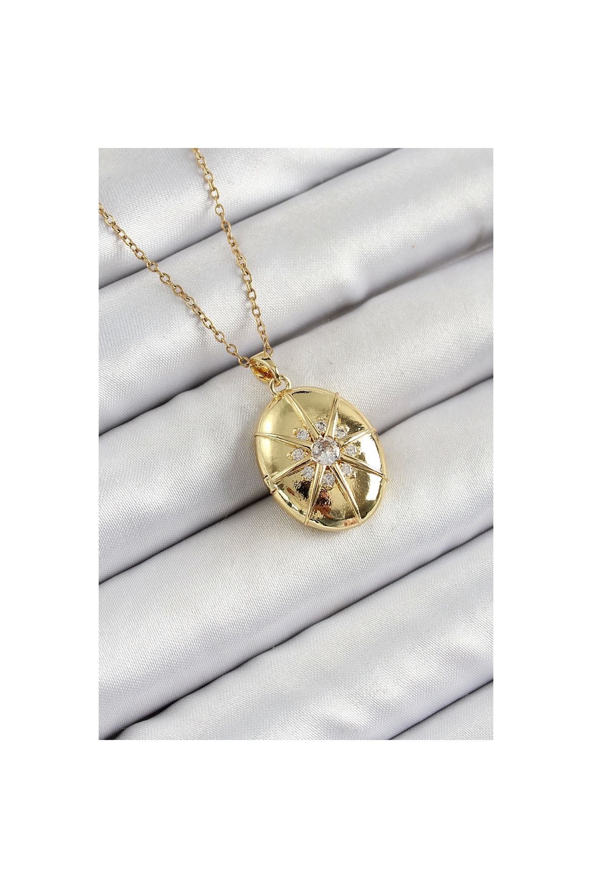 Marsilyan 316L Çelik Zincir Açılabilir Madalyon Model Zirkon Taşlı Gold Renk Kadın Kolye - TJ-BKO10264