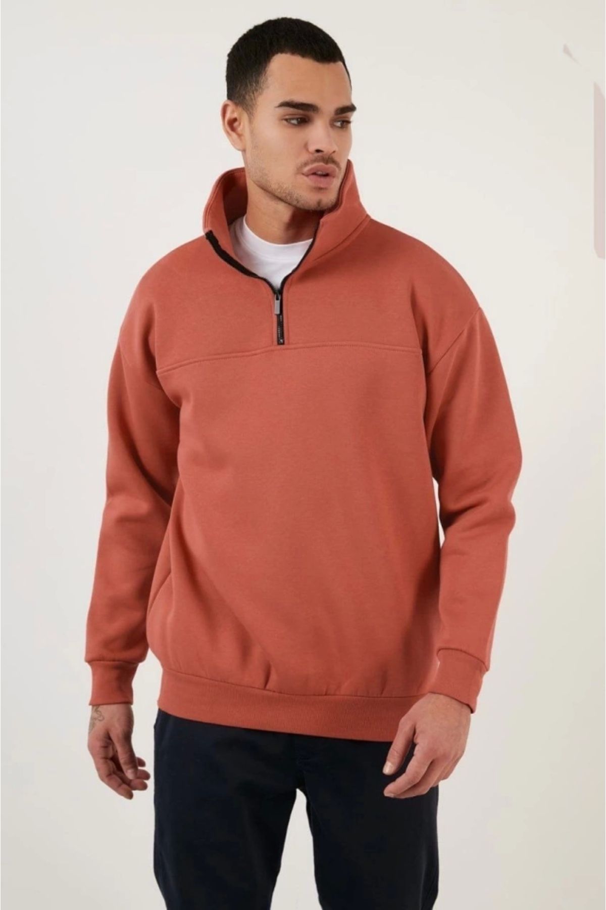 Butik Oversize Yarım Farmuarlı Yakalı Basic SweatShirt - Gül Kurusu