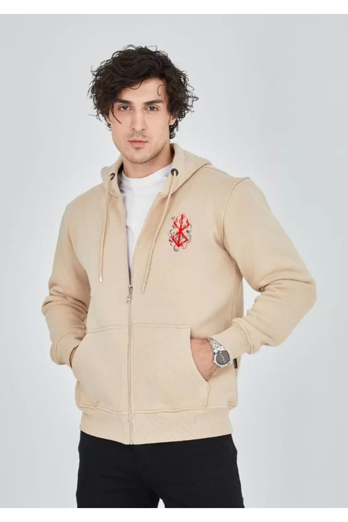 Butik Unisex Baskılı Tam Fermuarlı Kapşonlu SweatShirt - Bej