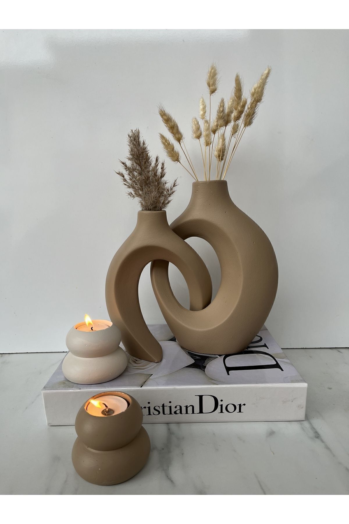 SerenityHaven Sibel/ela Tasarım Sarmaşık 2’li Vazo, Şamdan Set 22x16 & 17x14