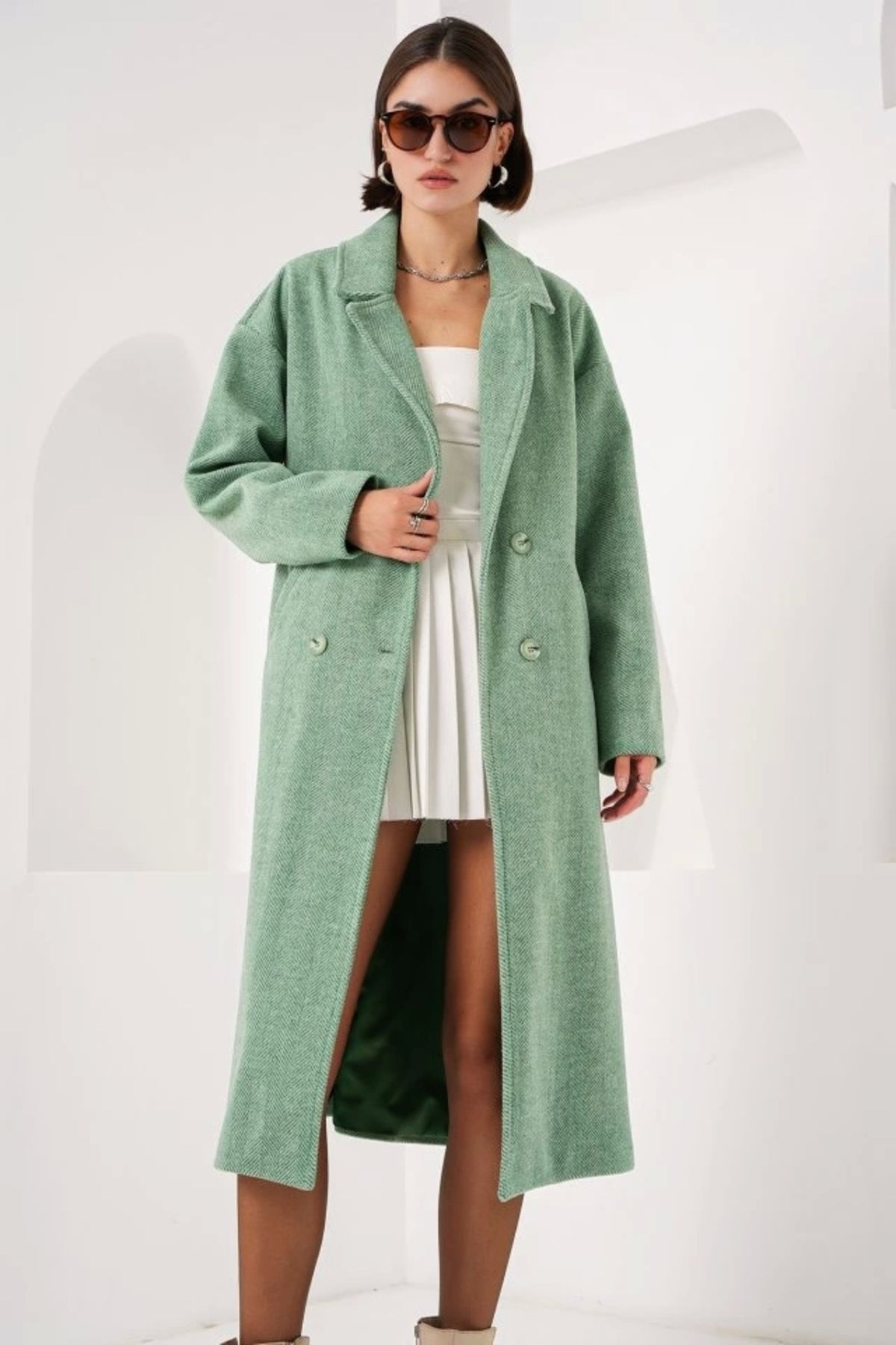 Butik Yeşil Oversize Geniş Kesim Yünlü Uzun Kaşe Kaban 9113