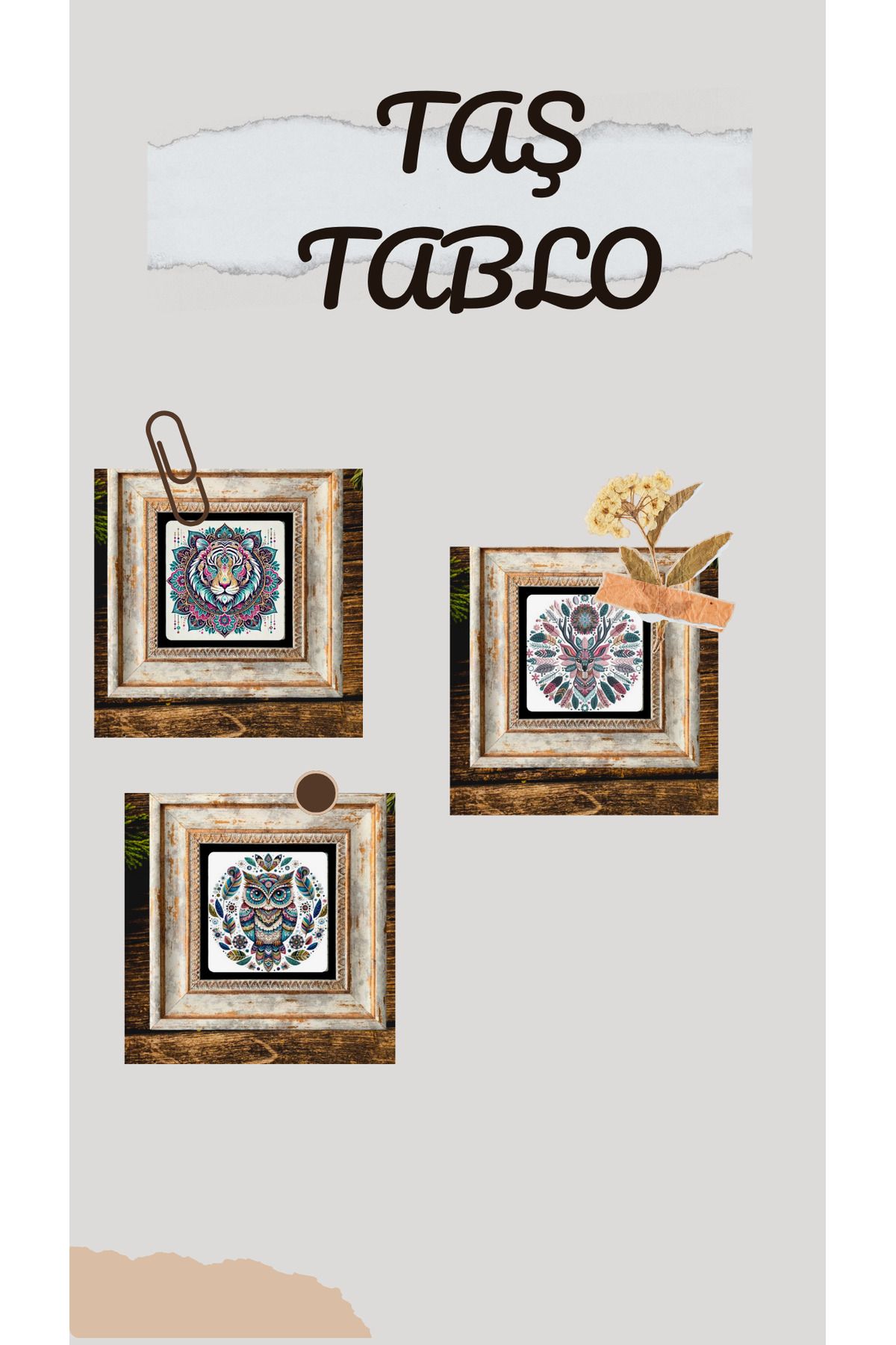 STONEVİVEART çerçeveli doğaltaş tablo 3 adet 20x20cm duvar dekoru
