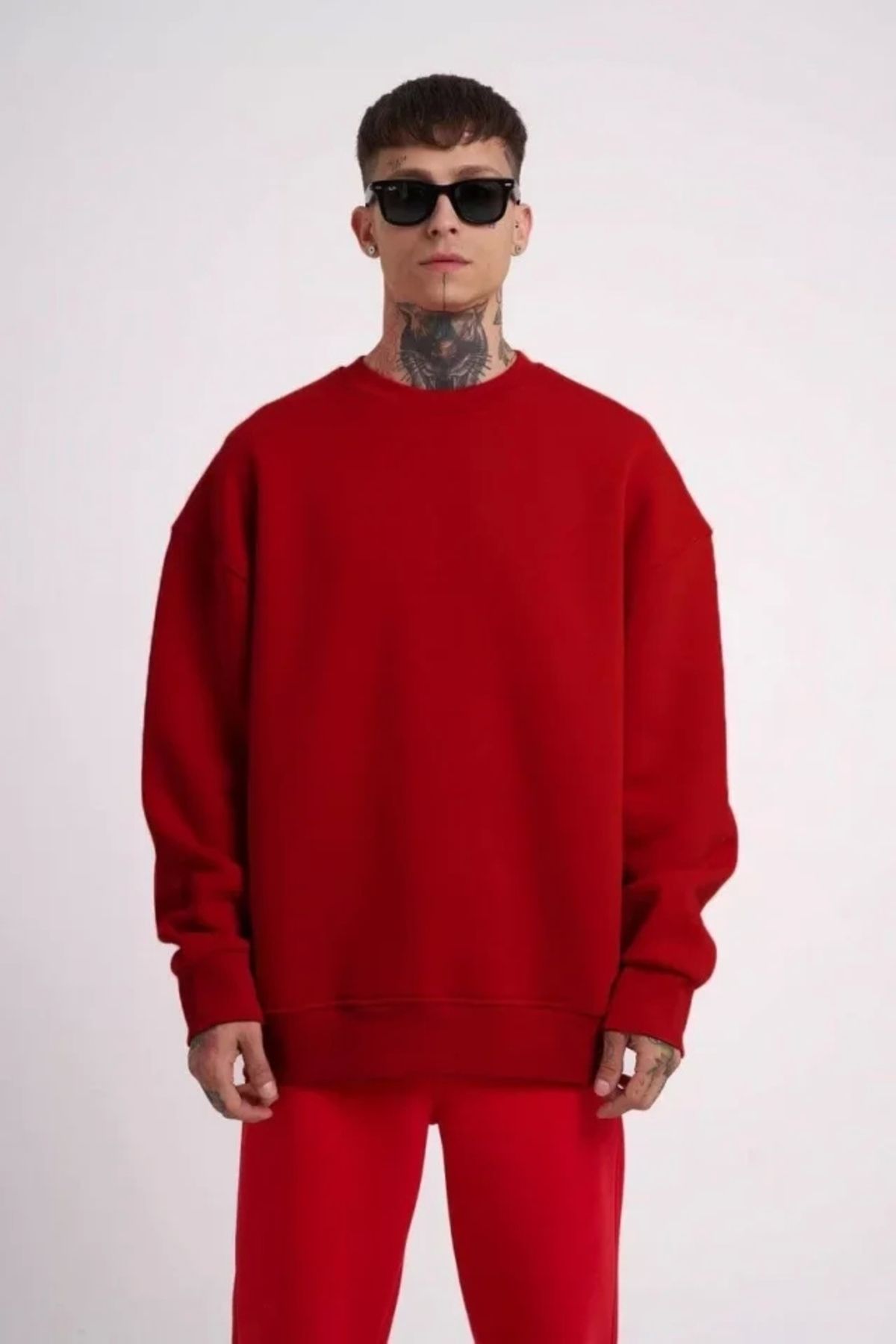 Butik Unisex Biskilet Yaka Üç İplik SweatShirt - Kırmızı