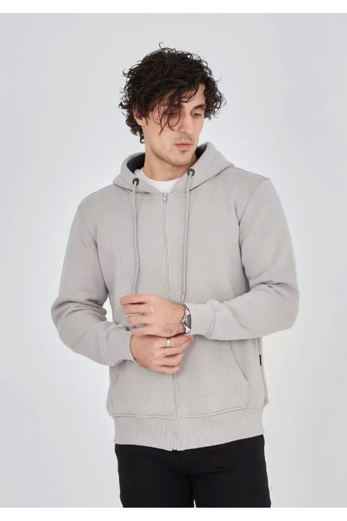 Butik Unisex Tam Fermuarlı Kapşonlu SweatShirt - Boyalı Gri