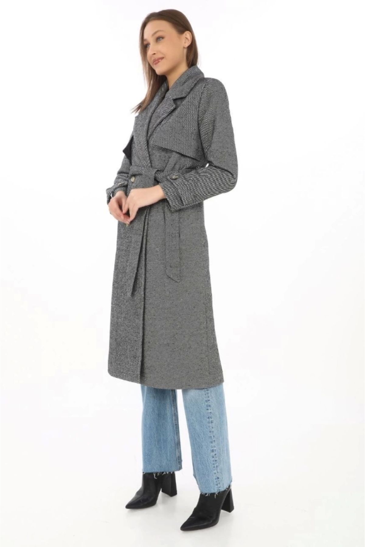Butik Balık Sırtı Kaşmir Uzun Kaşe Kaban - Boyalı Gri