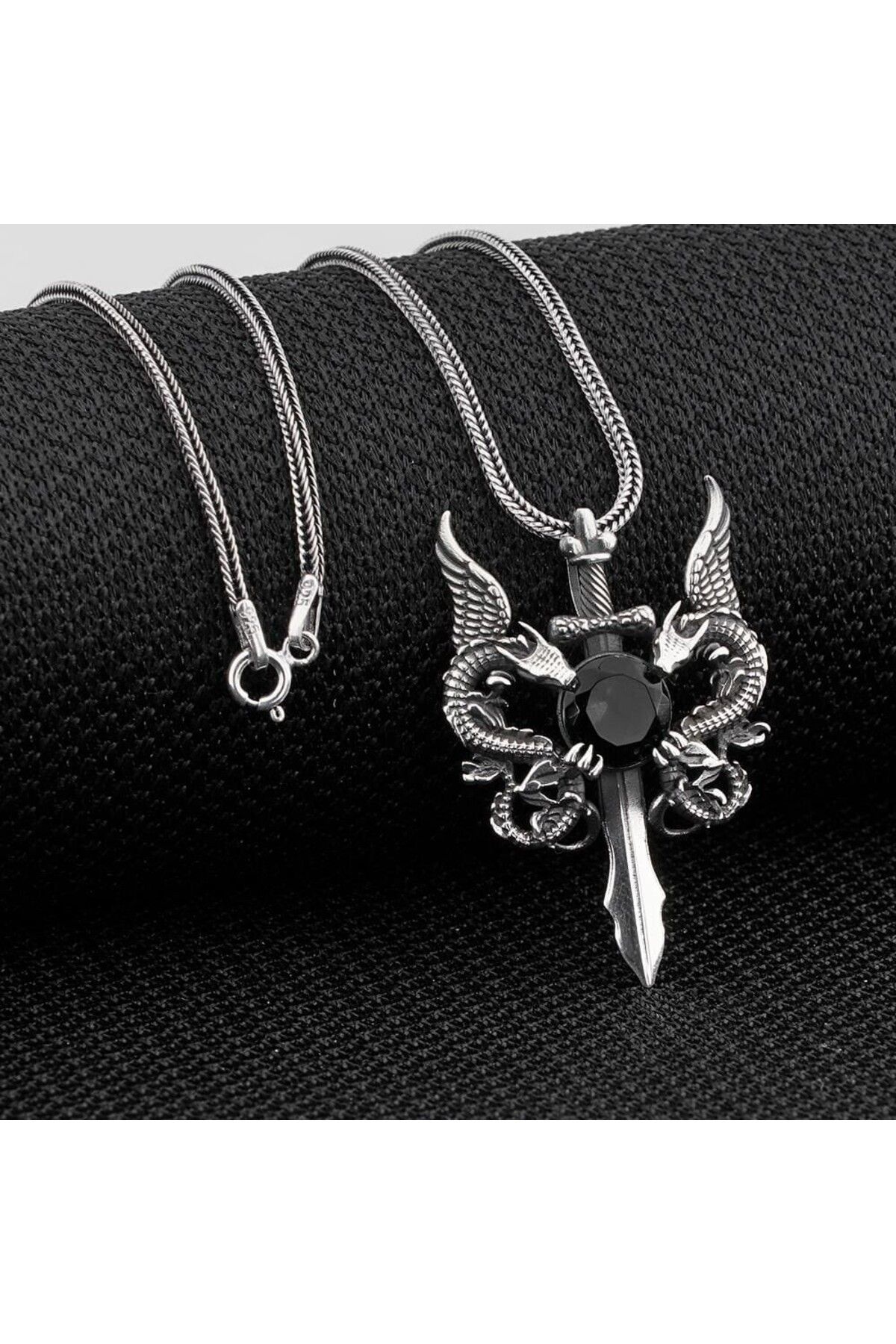 shop Ejderha Tasarımlı Zirkon Taşlı 925 Ayar Gümüş Erkek Kolye