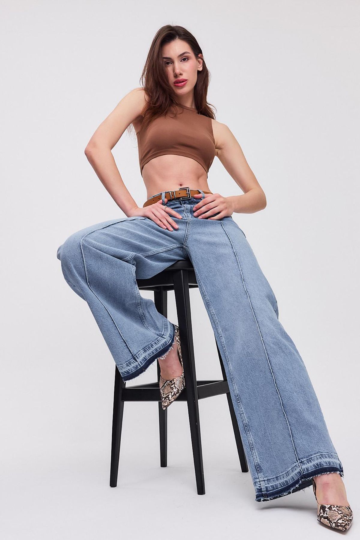 Jijass Jeans Likralı Wideleg Kemerli Kot Pantolon