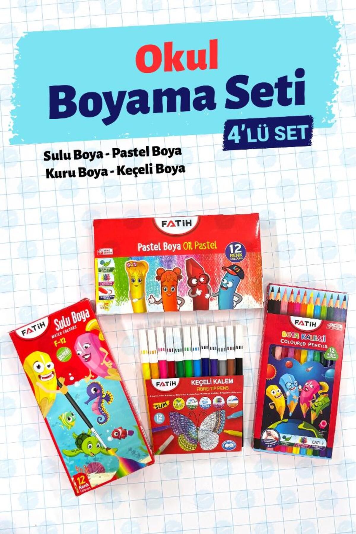 t tuğset etiket Okul Boyama Seti 4'lü Set - 12'li Sulu Boya 12'Lİ Kuru Boya 12'li Pastel Boya 12'li Keçeli Kalem-T1
