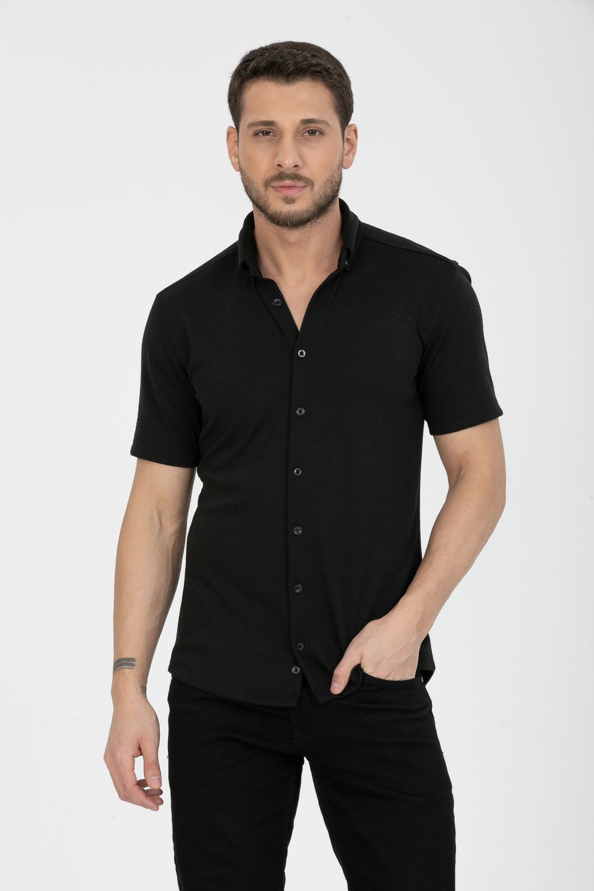 Klothy Erkek Kısa Kol Slim Fit Örme Gömlek 2590