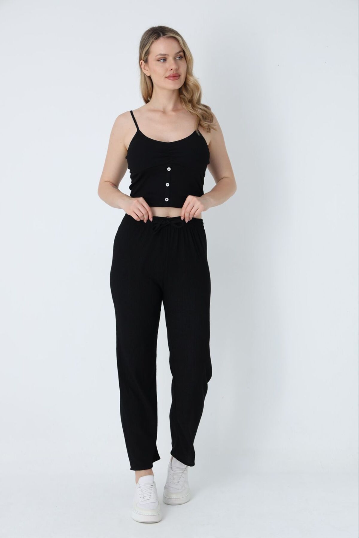 PİJART Bürümcük düz siyah pijama altı