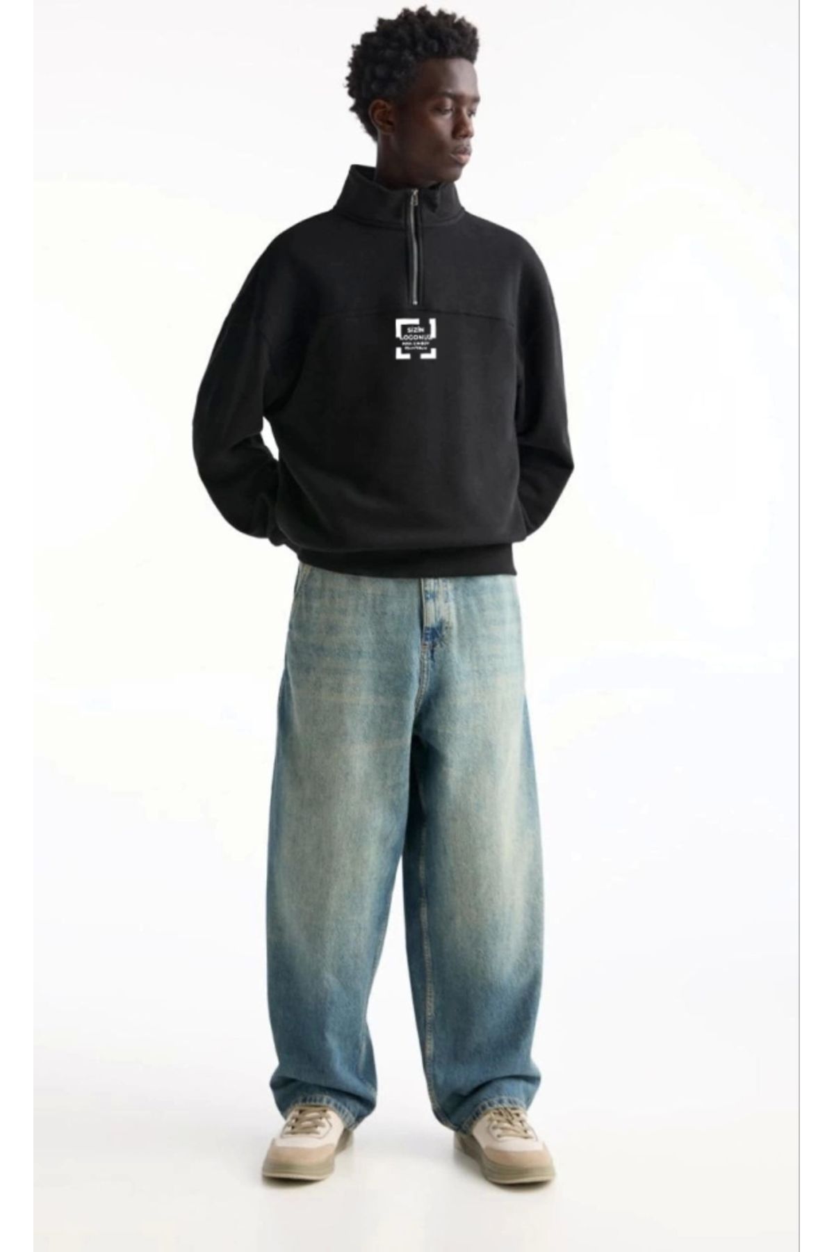 Butik Oversize Yarım Farmuarlı Yakalı Özel Tasarım Basic SweatShirt - Siyah