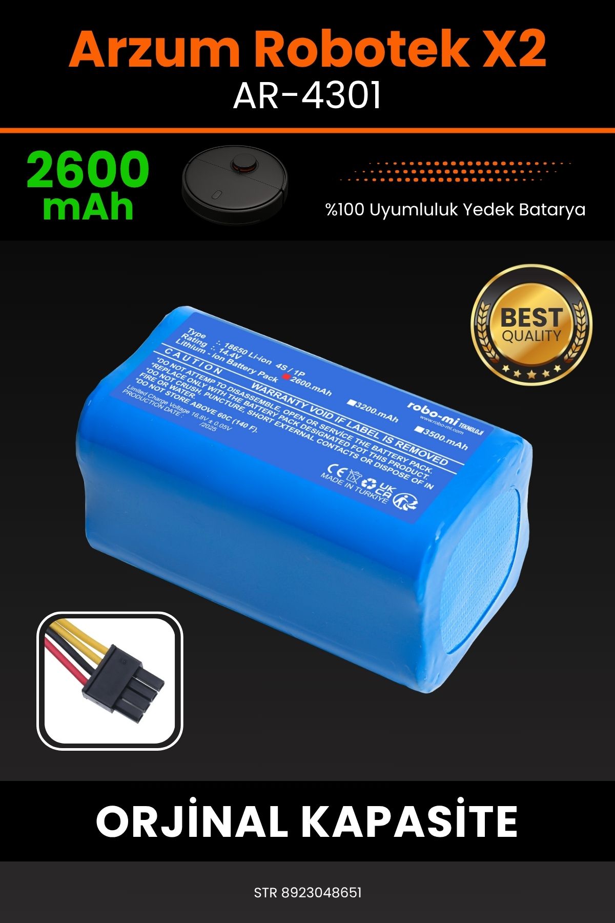 robo-mi Arzum Robotek X2 AR-4301 2600mAh Robot Süpürge Bataryası - Yüksek Yoğunluklu Li-ion Hücre
