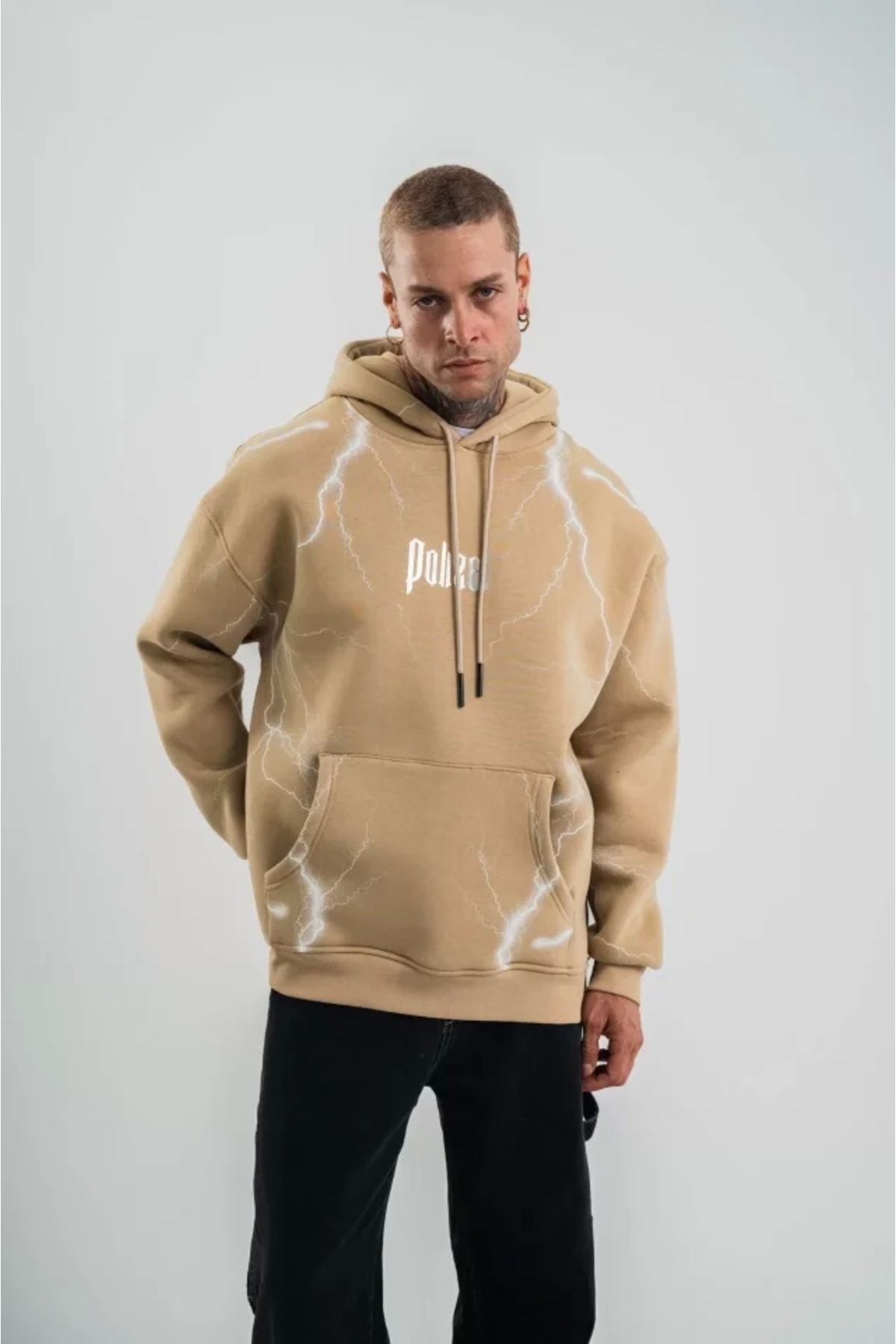 Butik Double Oversize Kapşonlu Şimşek Pano Baskılı SweatShirt - Bej