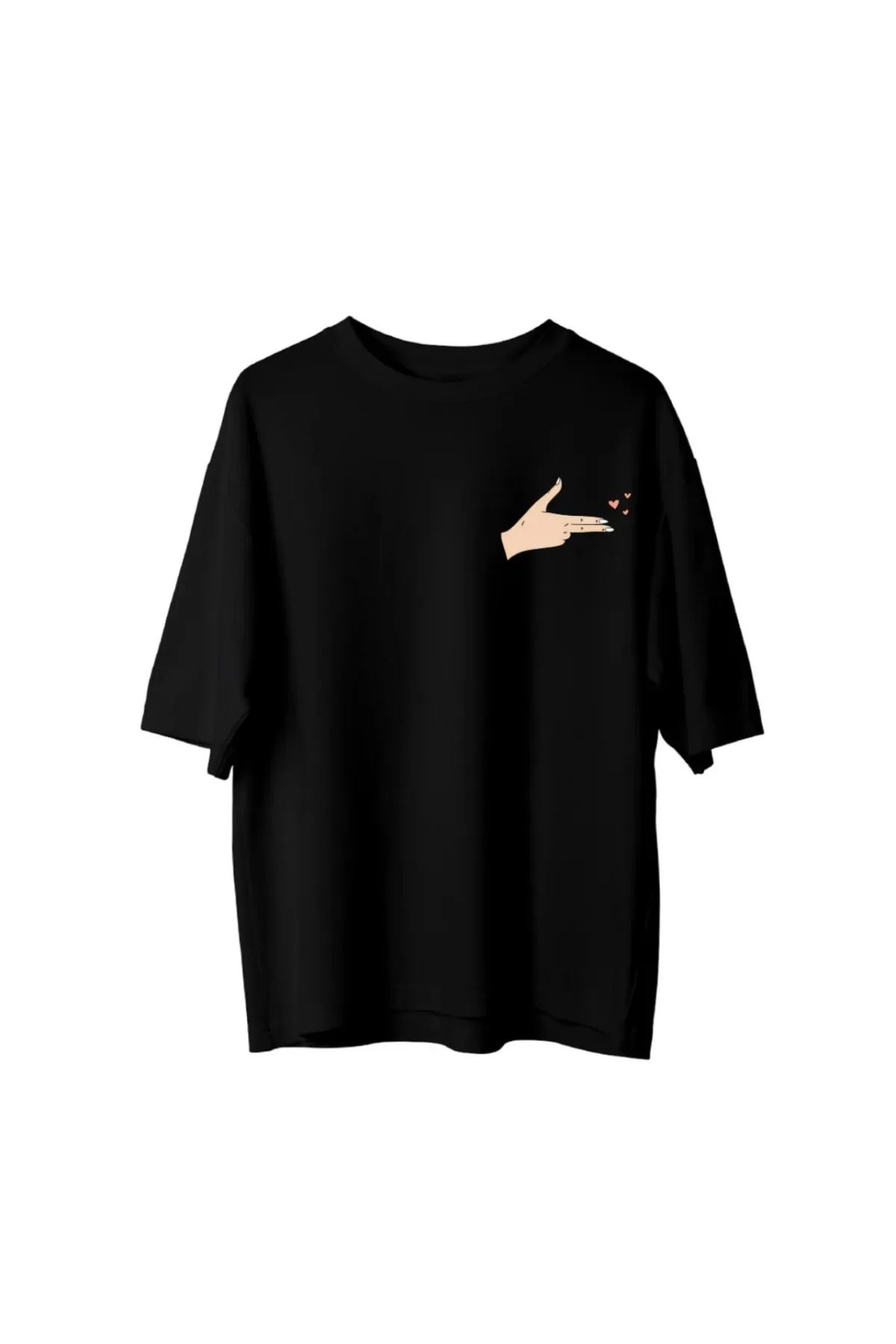 Koklonmoda Büyük Beden Unisex Kalpli El Baskılı Oversize T-Shirt