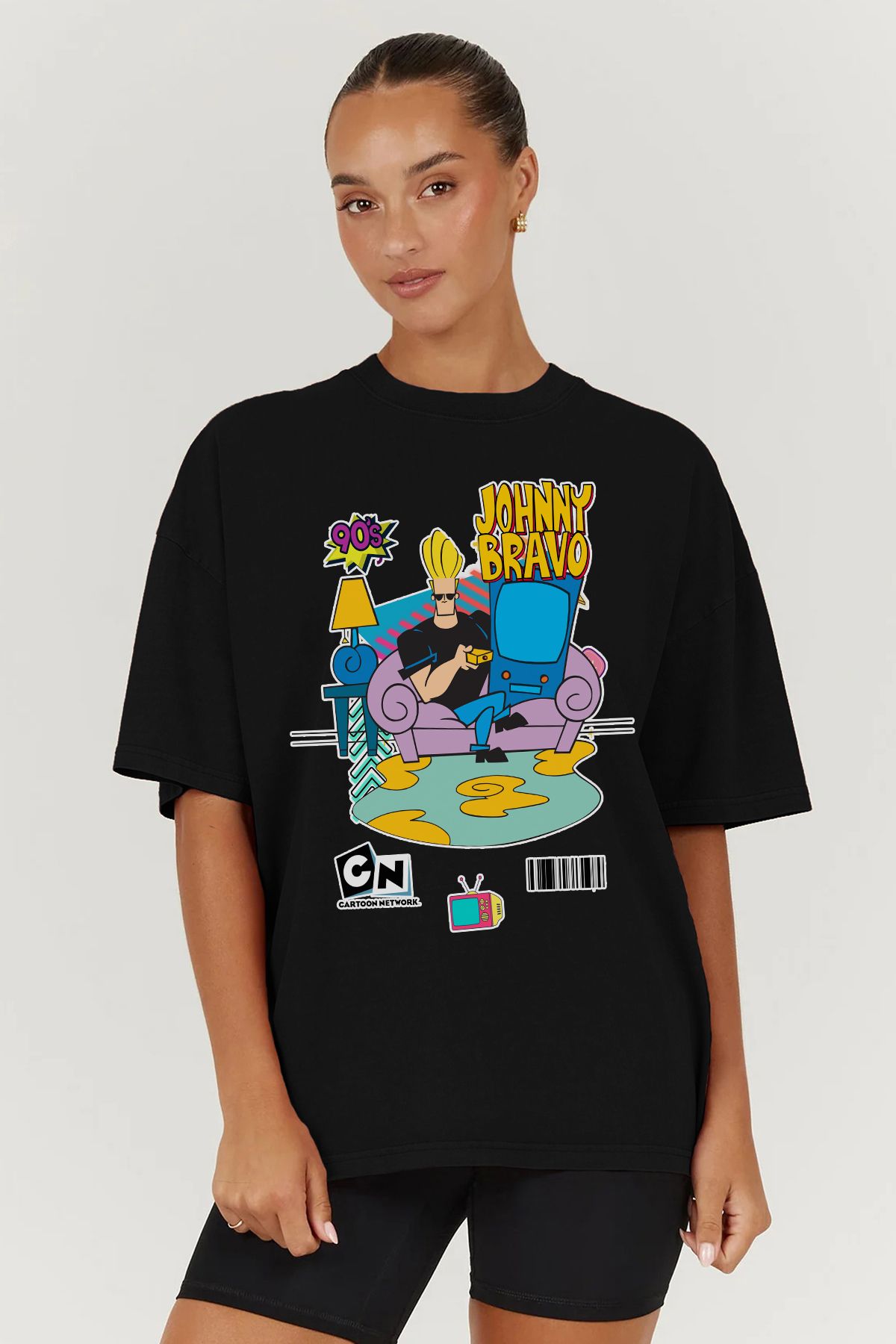 MODA Johnny Bravo Baskılı Oversize Kalıp Siyah Geniş Bol Kesim Kadın Tişört