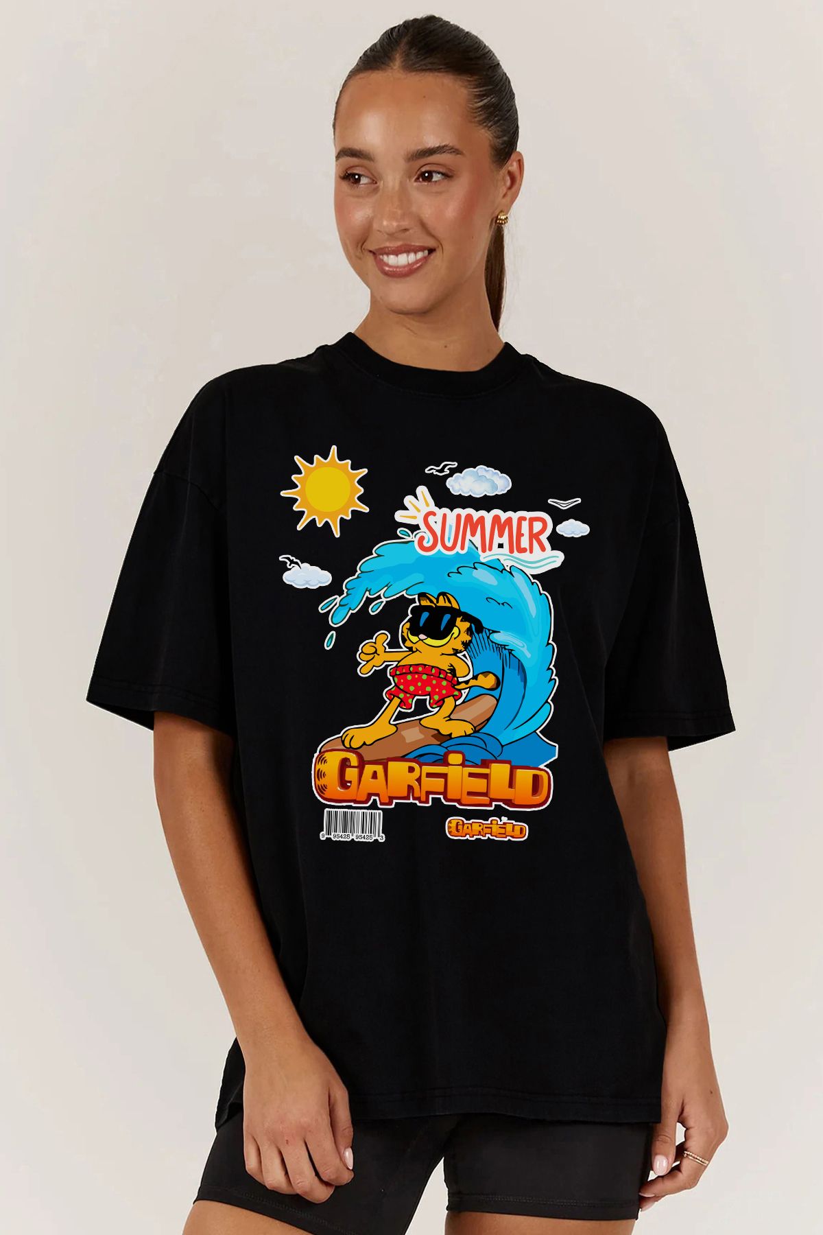 MODA Garfield Kedi Baskılı Oversize Kalıp Siyah Geniş Bol Kesim Kadın Tişört
